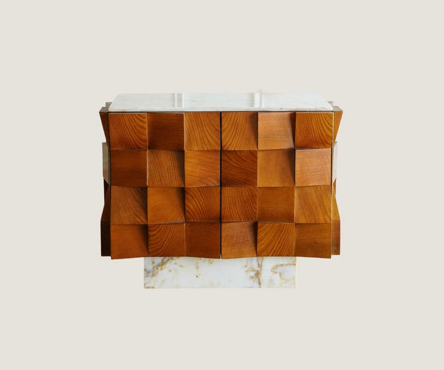 Brutalist Walnut Bianco Carrara Marble Sculptural Sideboard