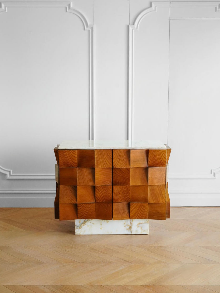 Brutalist Walnut Bianco Carrara Marble Sculptural Sideboard