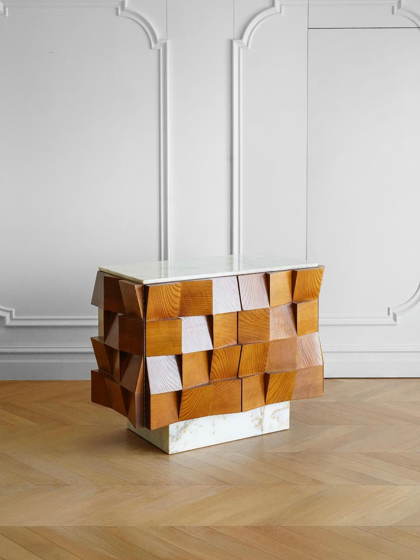 Brutalist Walnut Bianco Carrara Marble Sculptural Sideboard