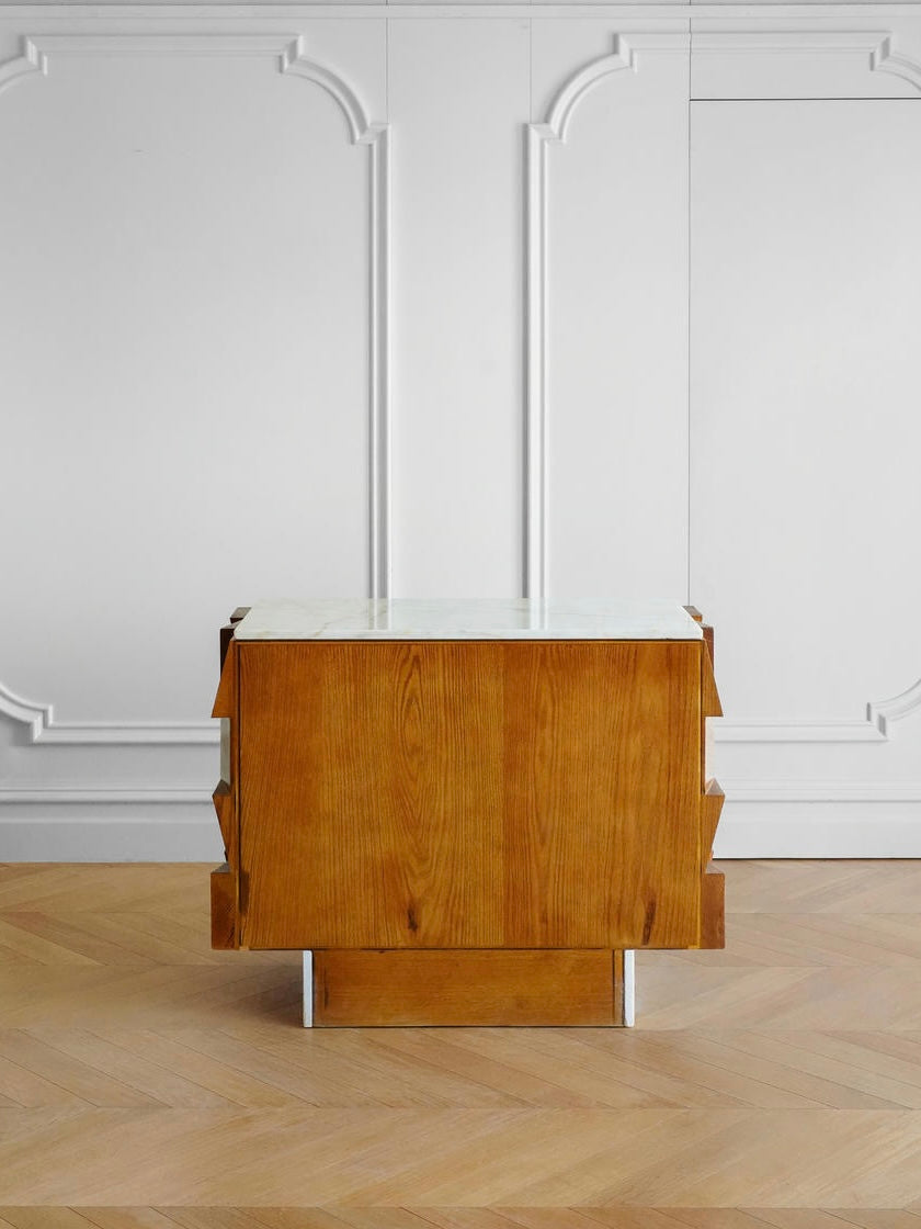Brutalist Walnut Bianco Carrara Marble Sculptural Sideboard
