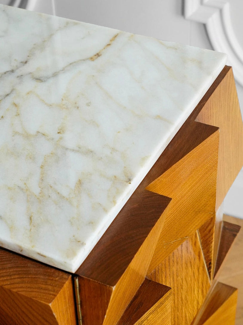 Brutalist Walnut Bianco Carrara Marble Sculptural Sideboard
