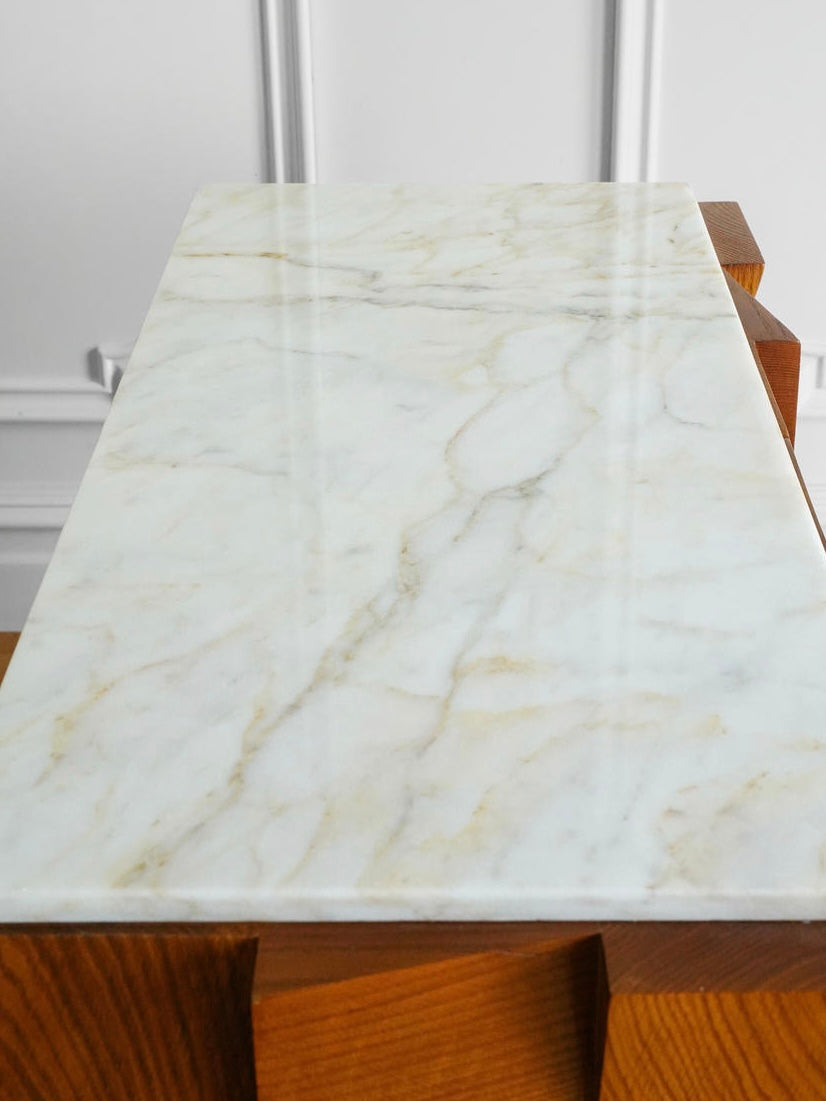 Brutalist Walnut Bianco Carrara Marble Sculptural Sideboard