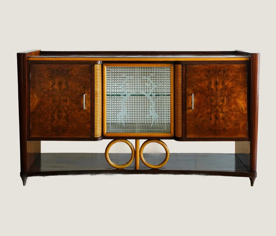 Italian Art Deco Walnut Sideboard Wine Cabinet