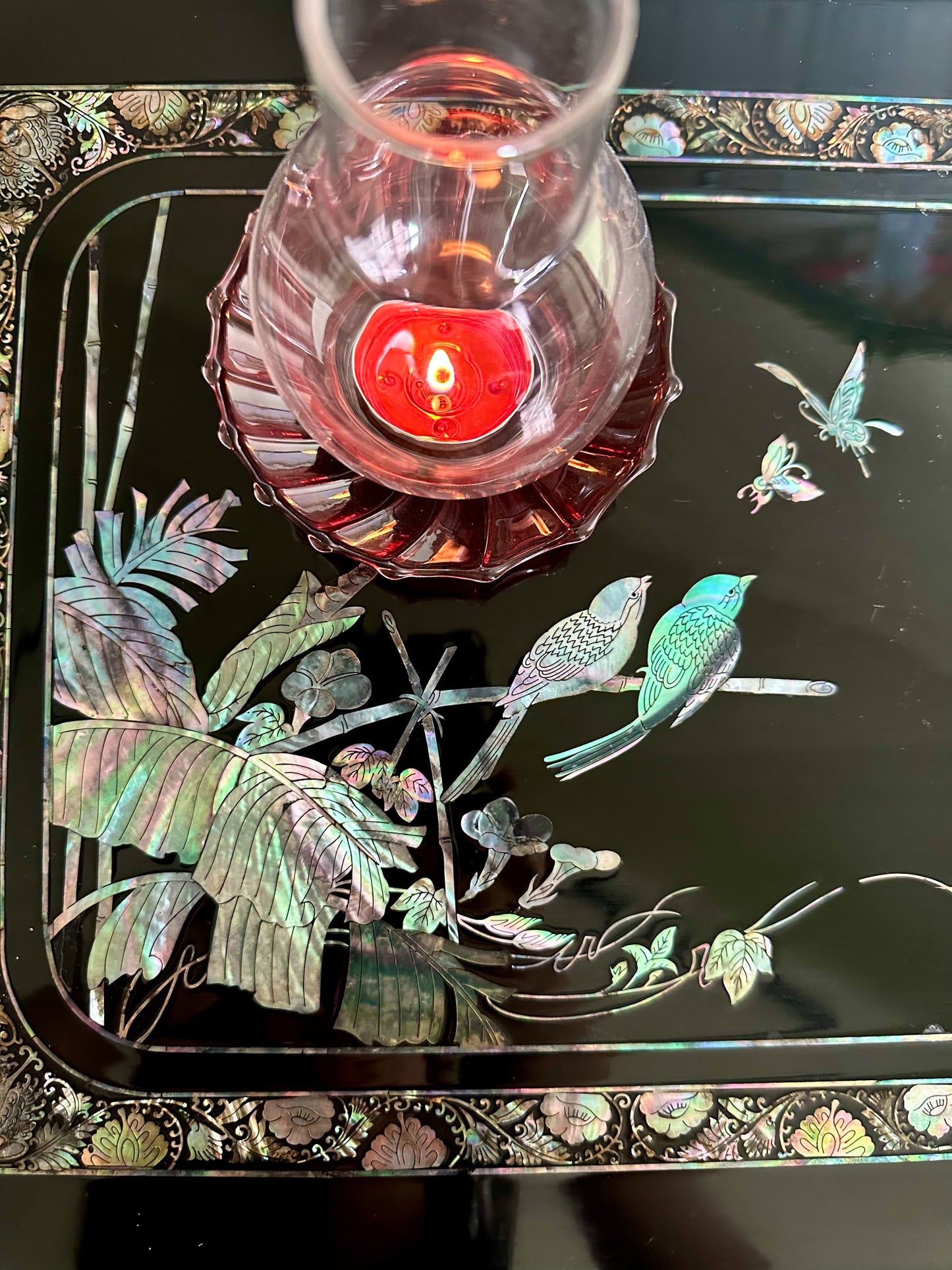 Mid-Century Chinese Lacquered Cabinet – Abalone Inlay with Birds & Blossoms