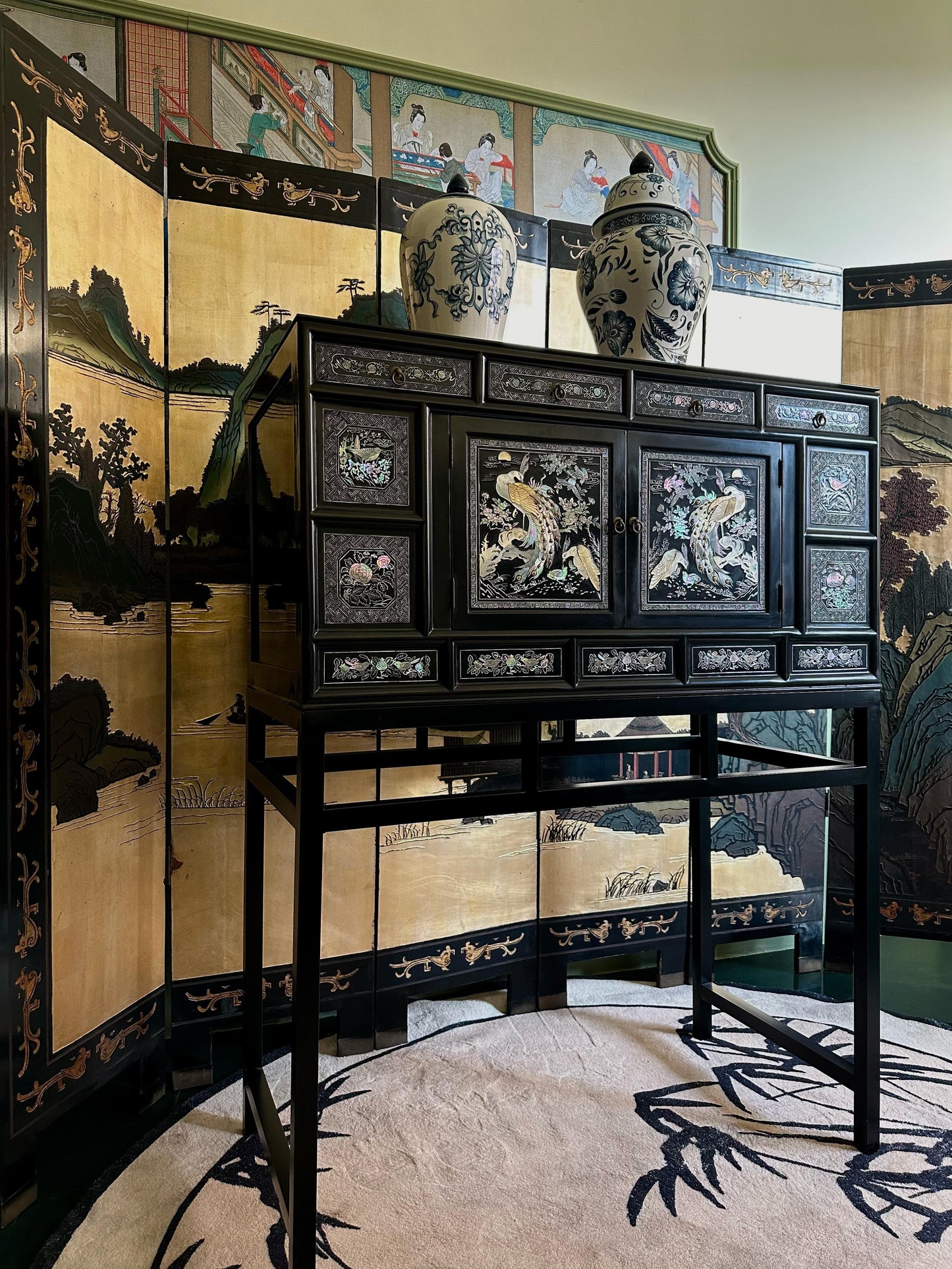Mid-Century Oriental Black Lacquer Cabinet with Phoenix and Floral Mother-of-Pearl Inlay