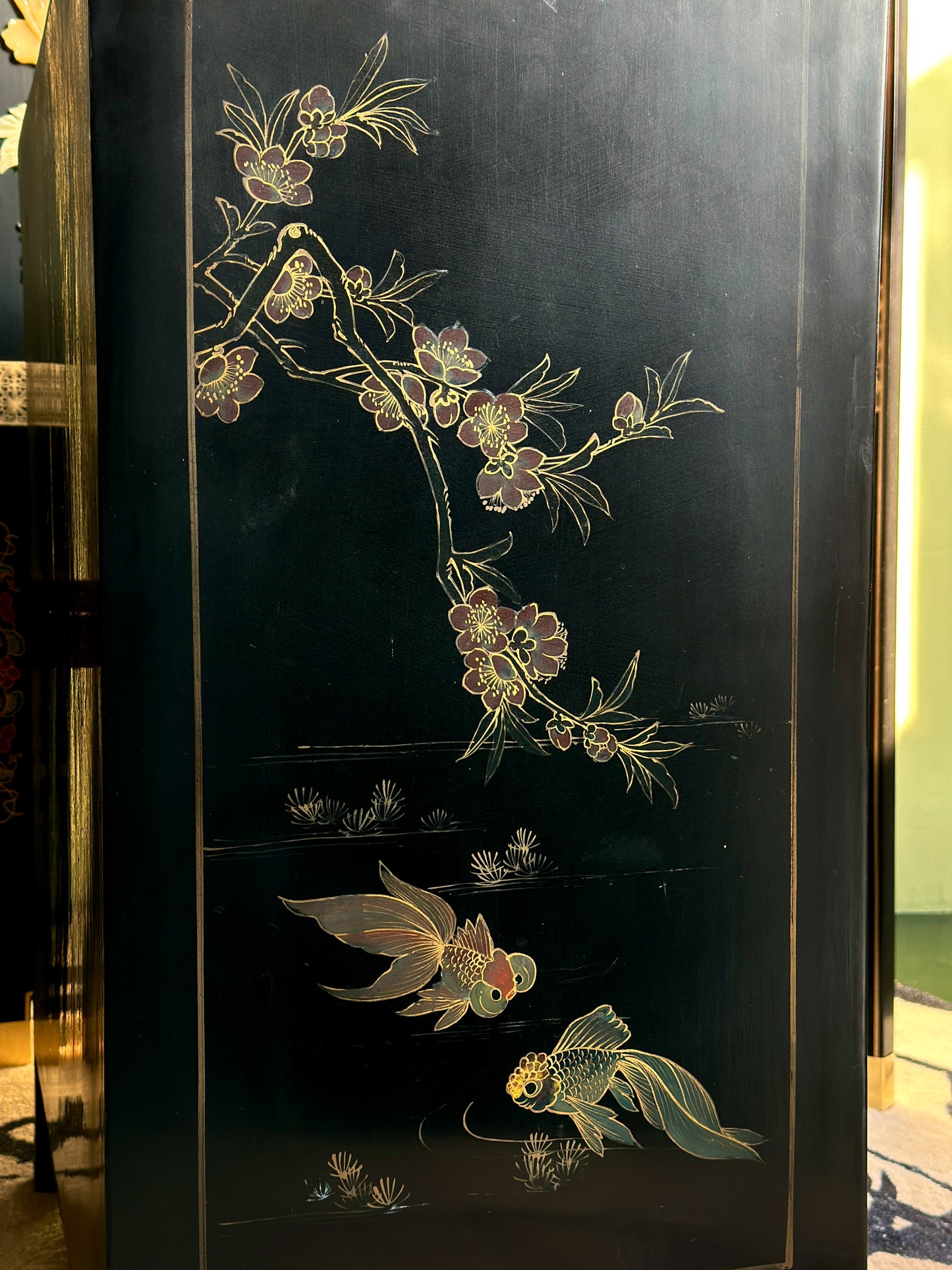Mid-Century Oriental Lacquer Cabinet with Goldfish and Vine Inlay in Abalone Shell