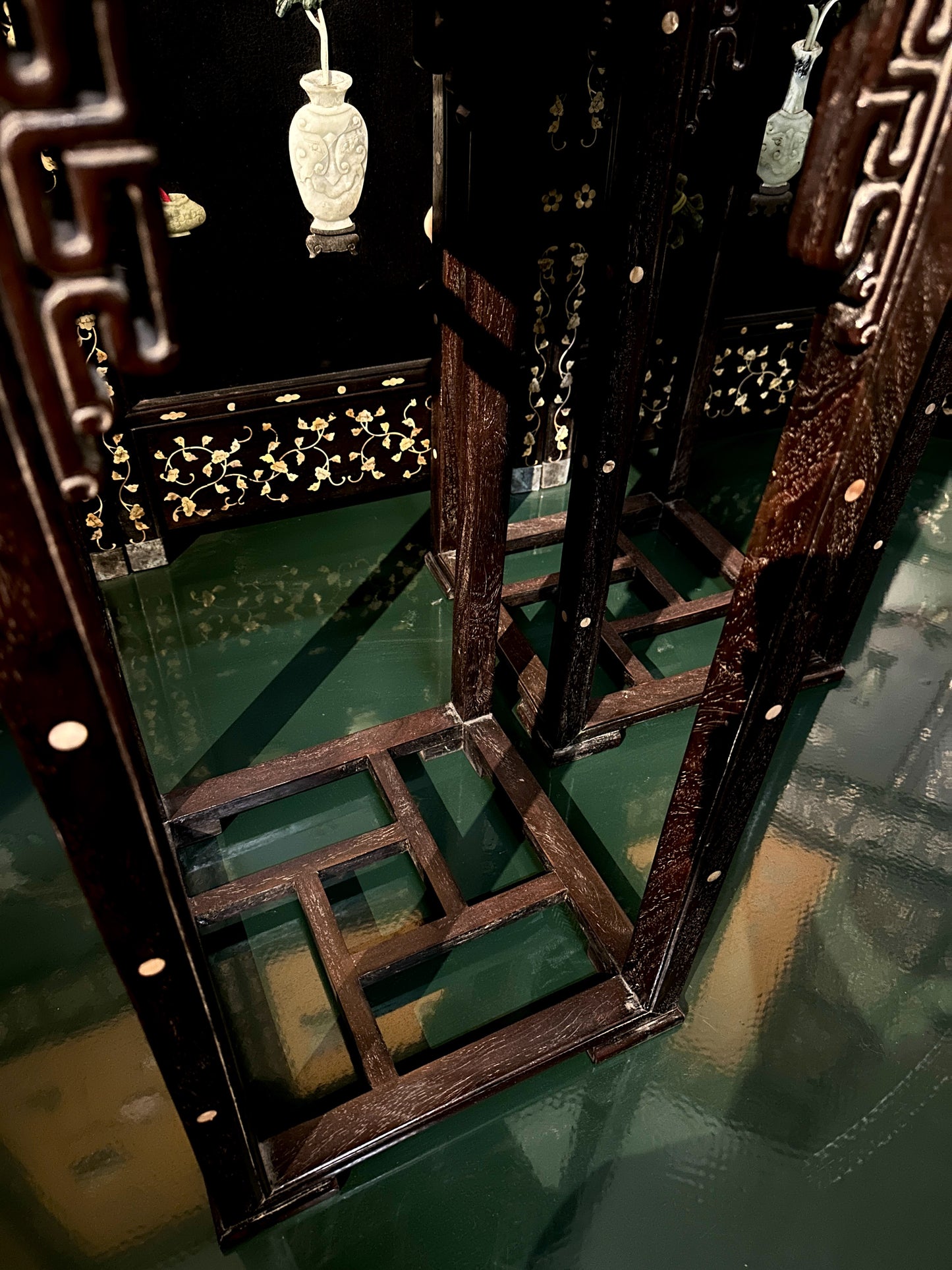 Mid-Century Chinese Hardwood Marble Plant Stand with Mother-of-Pearl Inlay