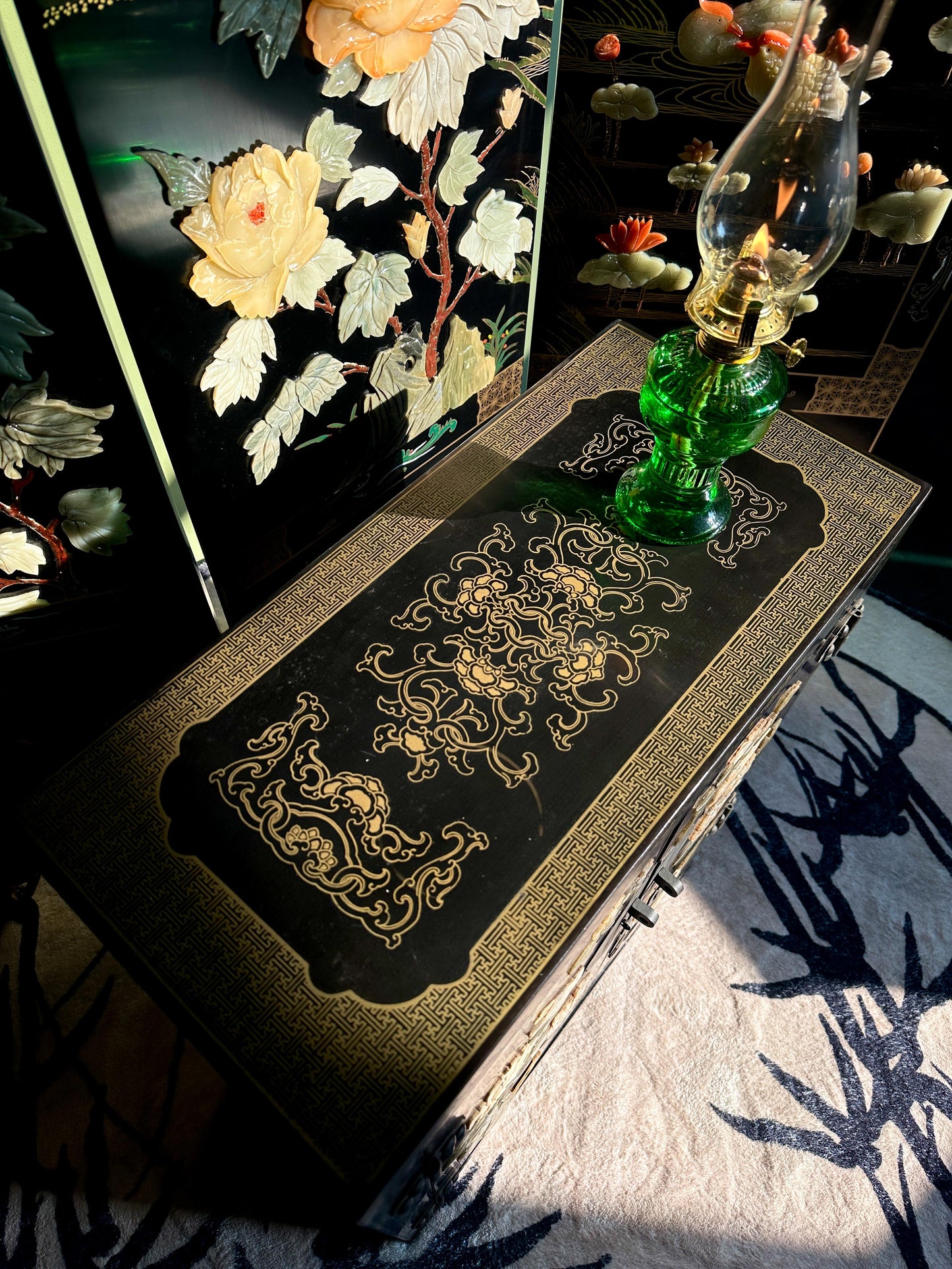 Mid-20th Century Chinese Lacquer Cabinet with Shoushan Stone Inlay – Floral and Bird Motif