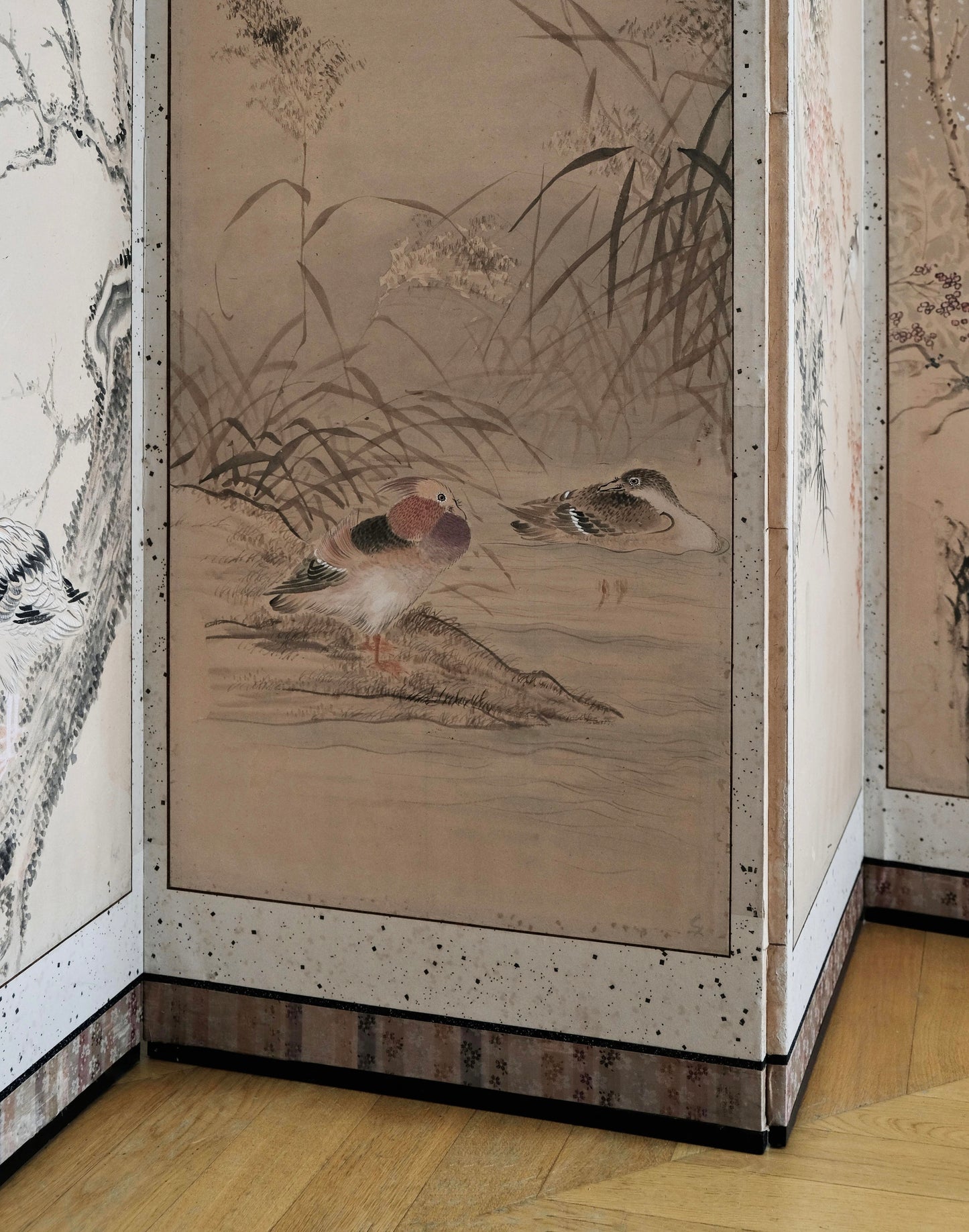 Taisho Period Japanese Six-Panel Folding Screen with Birds and Flowers Painting