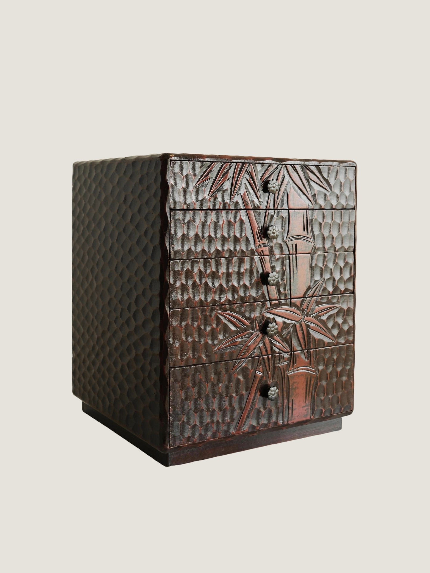 Japanese Showa Period Kamakura Carved Bamboo Pattern Lacquered Wooden Drawer Box