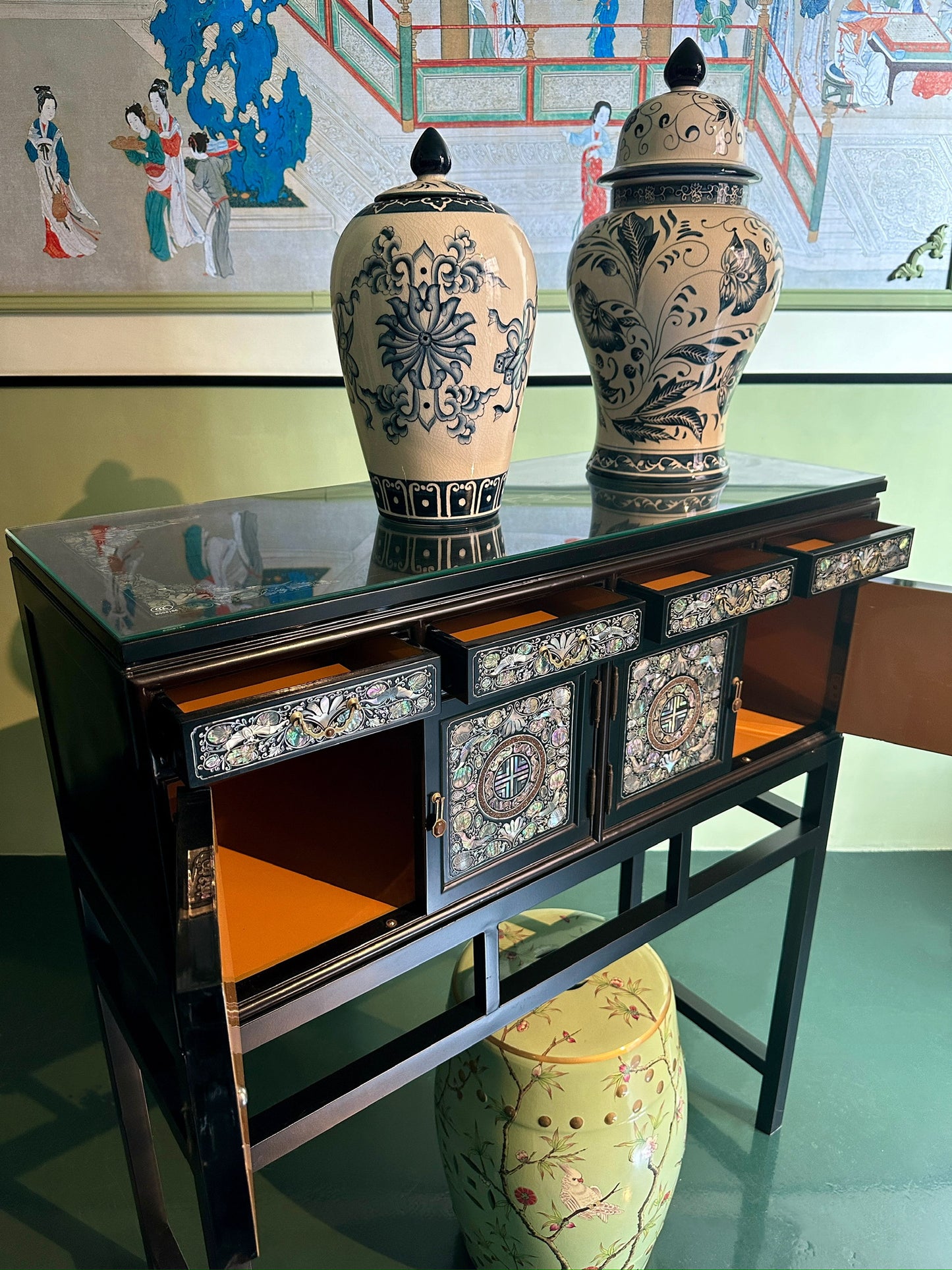 "Pearl Radiance" Mother-of-Pearl Inlay Console Table open