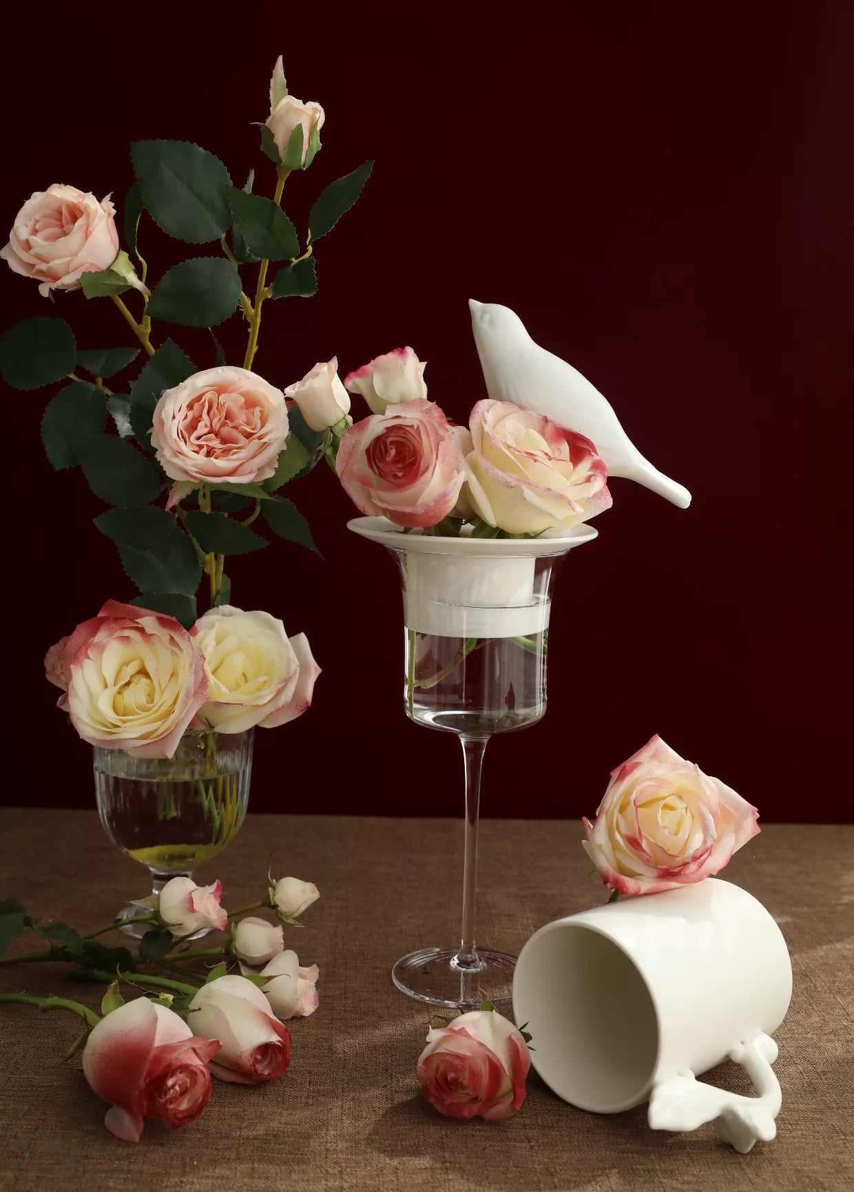 Whispering White Porcelain Tableware Set – Mug, Utensil Rest & Bird Flower Inserts