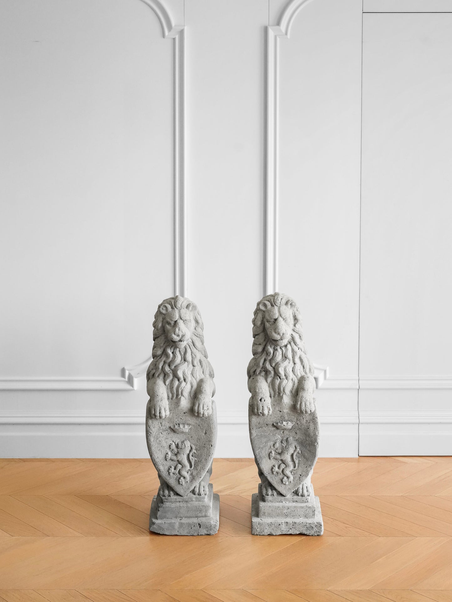 Pair of British Concrete Shield Lions — Garden or Entryway Statues