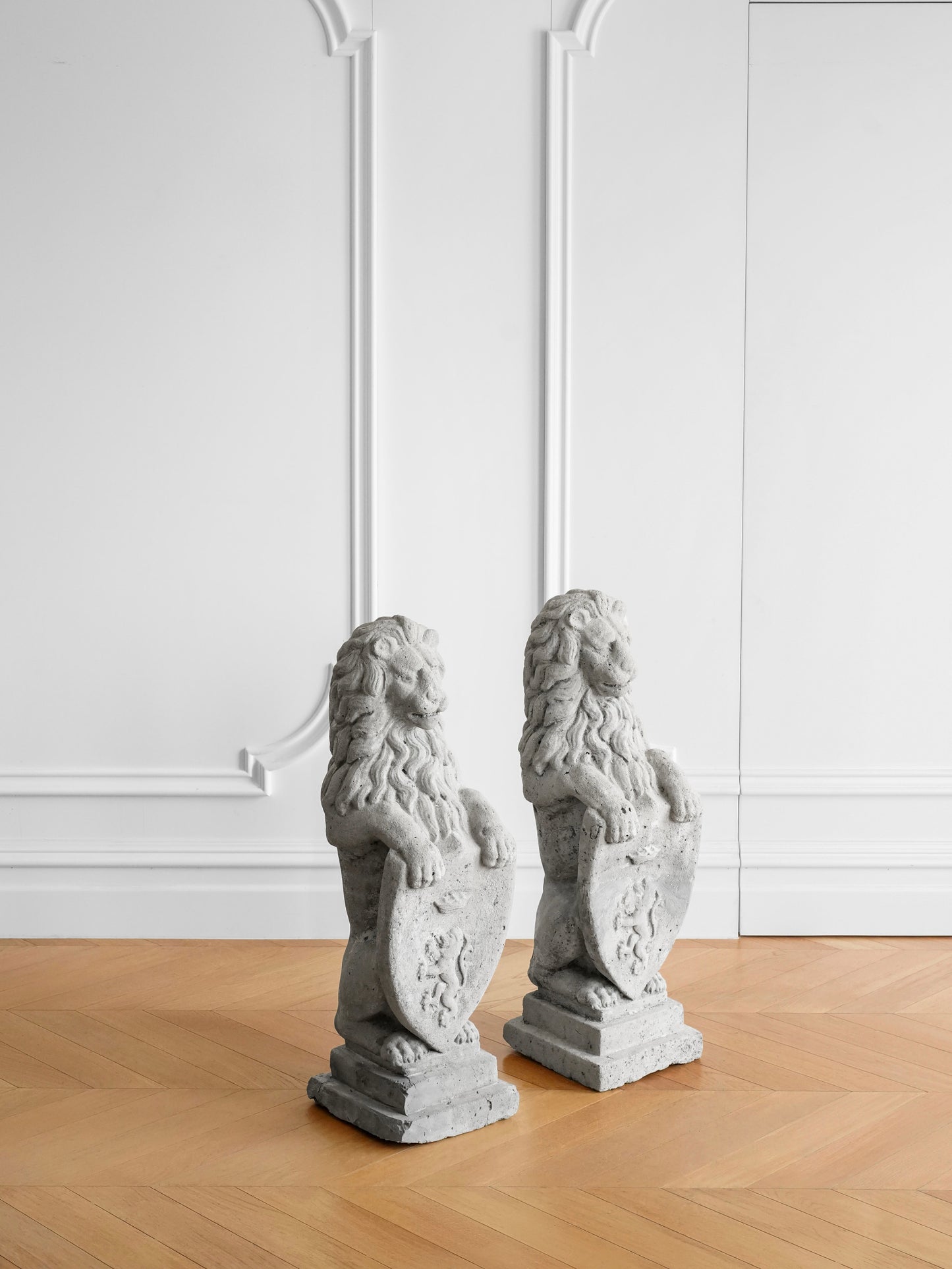 Pair of British Concrete Shield Lions — Garden or Entryway Statues