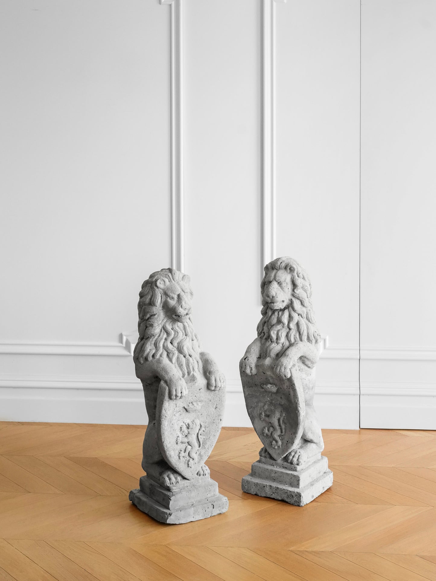 Pair of British Concrete Shield Lions — Garden or Entryway Statues