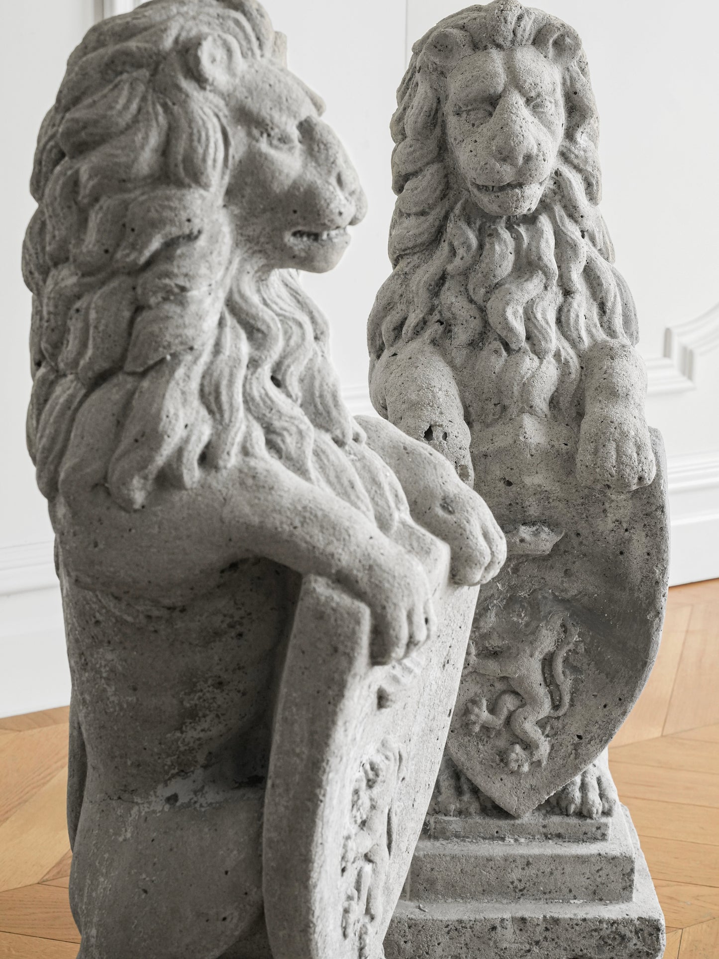 Pair of British Concrete Shield Lions — Garden or Entryway Statues