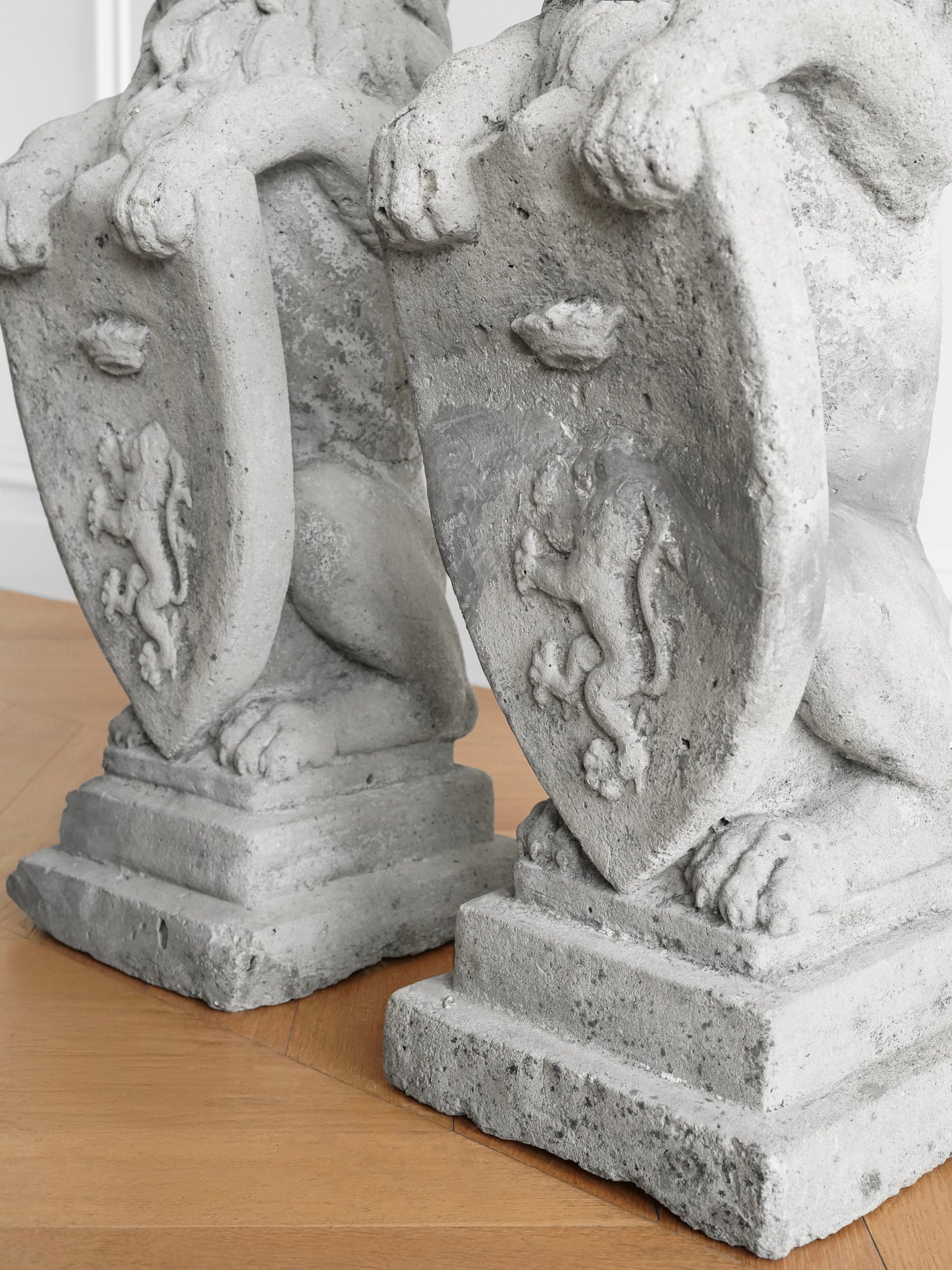 Pair of British Concrete Shield Lions — Garden or Entryway Statues