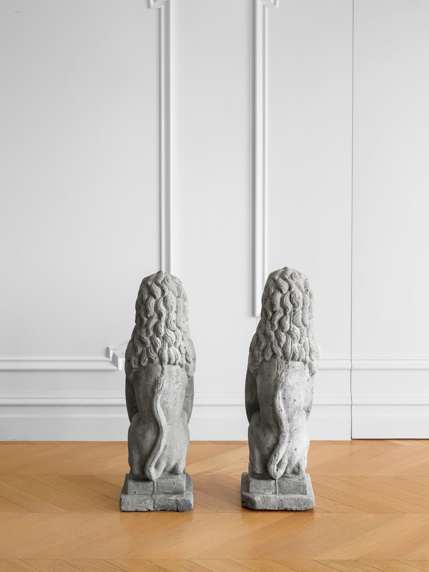 Pair of British Concrete Shield Lions — Garden or Entryway Statues
