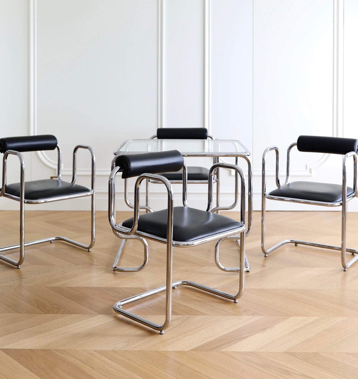 1970s French Bauhaus Style Dining Table and Chairs Set — Chrome and Leather