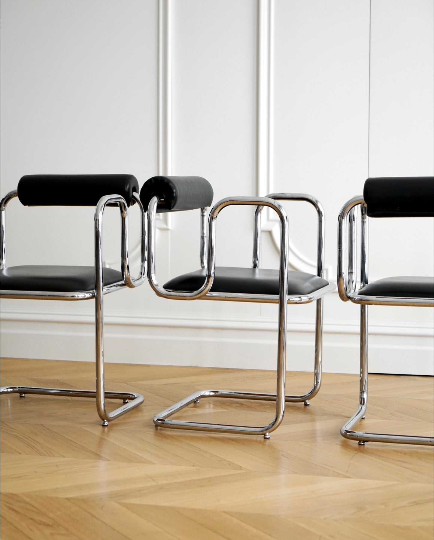 1970s French Bauhaus Style Dining Table and Chairs Set — Chrome and Leather