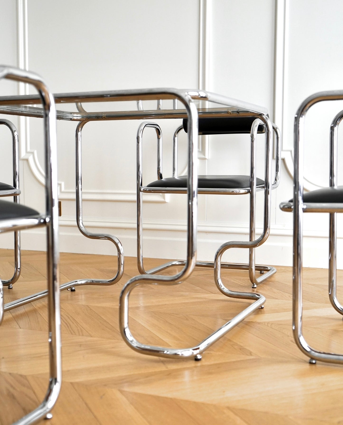 1970s French Bauhaus Style Dining Table and Chairs Set — Chrome and Leather