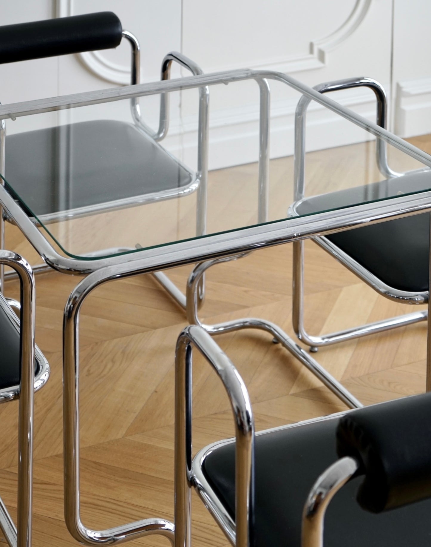 1970s French Bauhaus Style Dining Table and Chairs Set — Chrome and Leather