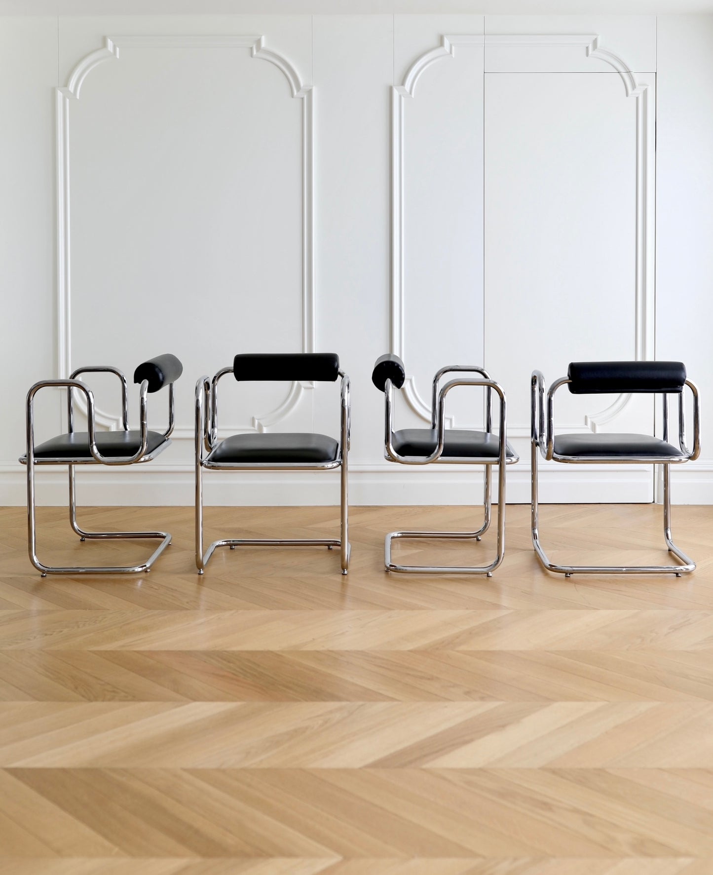 1970s French Bauhaus Style Dining Table and Chairs Set — Chrome and Leather