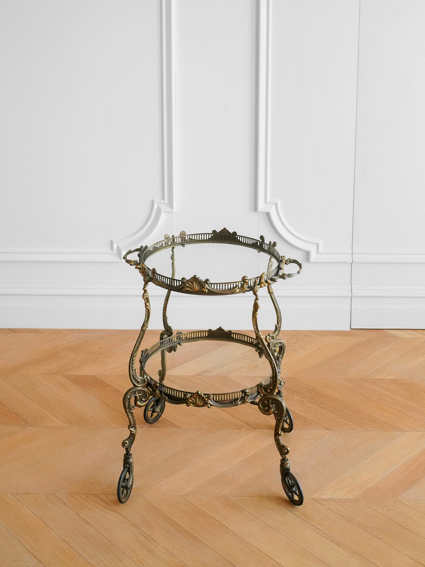 Empire Style Italian Brass and Glass Bar Trolley — Ornate Antique Drinks Cart