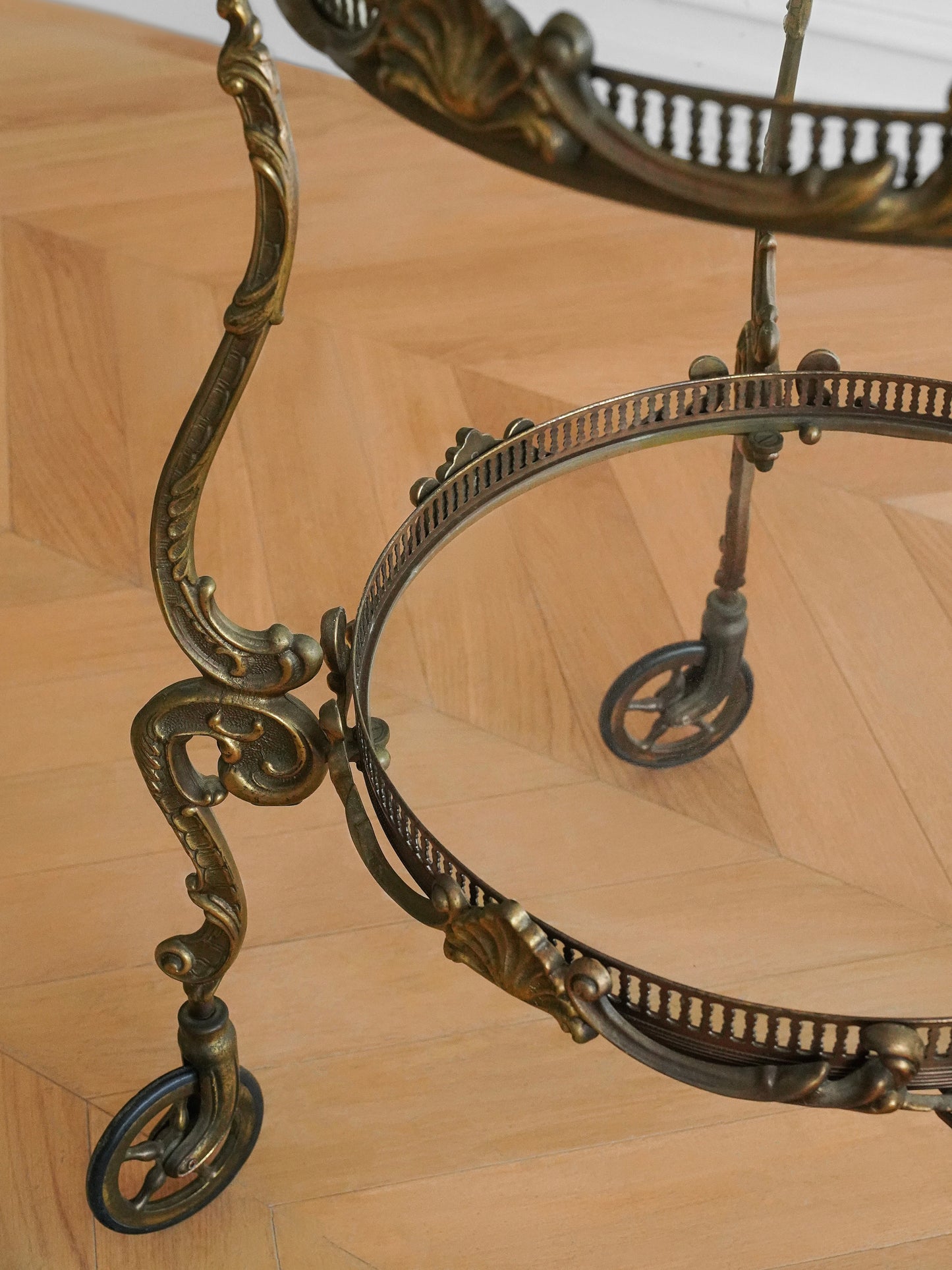 Empire Style Italian Brass and Glass Bar Trolley — Ornate Antique Drinks Cart