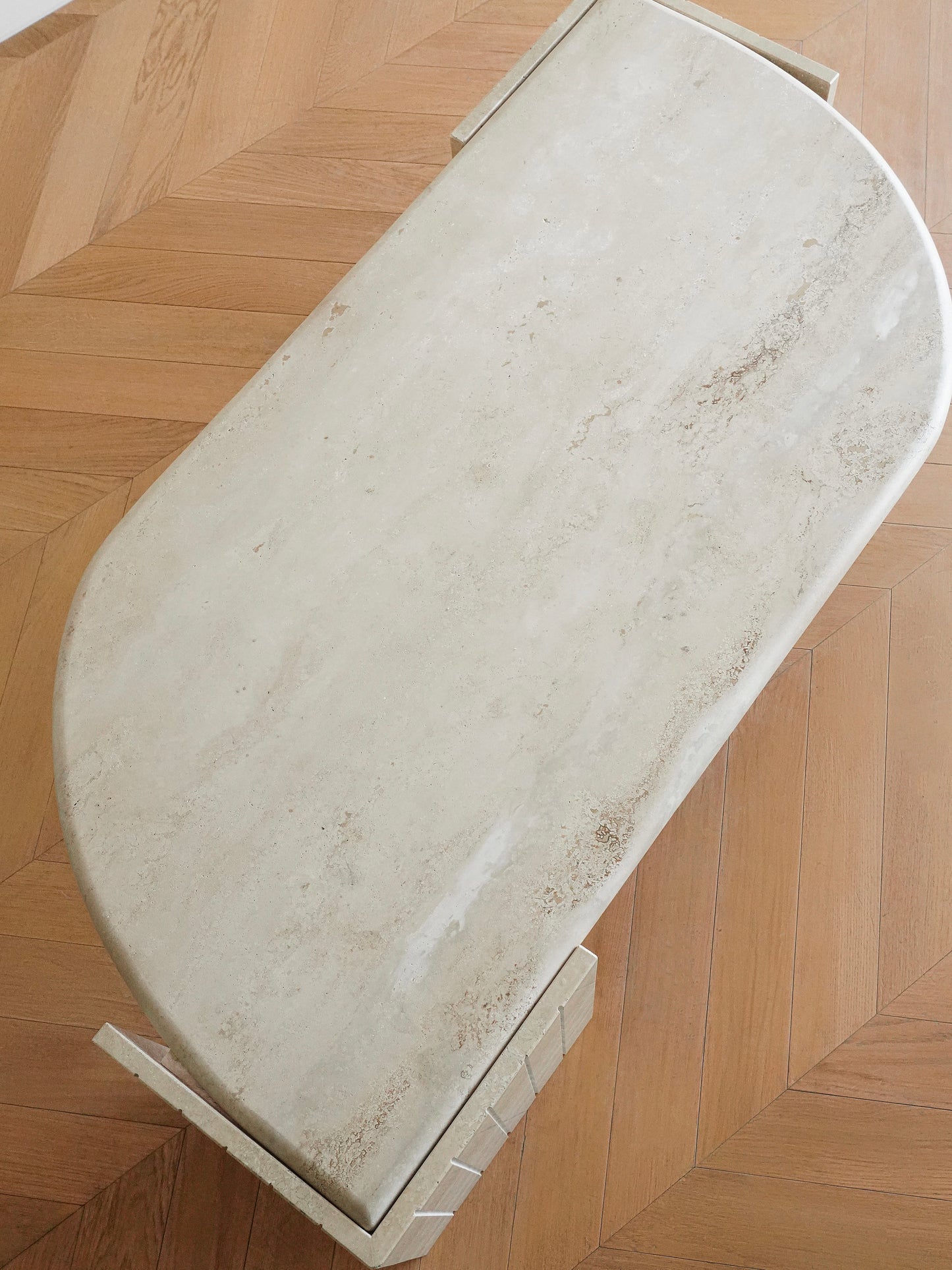 British Vintage Travertine Coffee Table — Sculptural Stone Minimalist Design