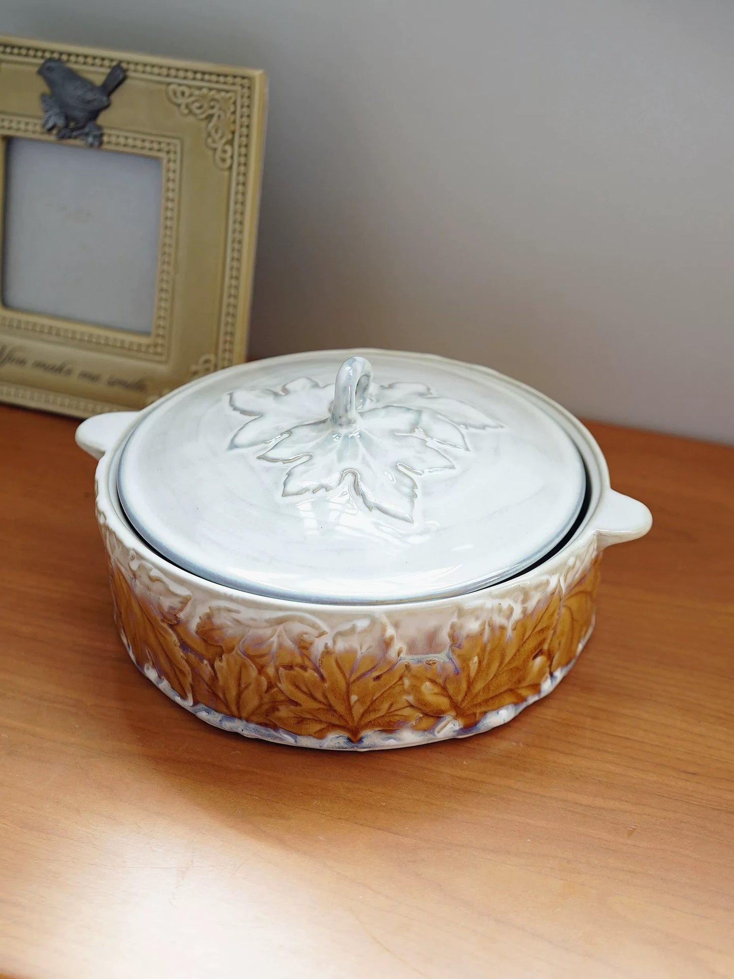 Vintage Embossed Maple Leaf Ceramic Soup Tureen