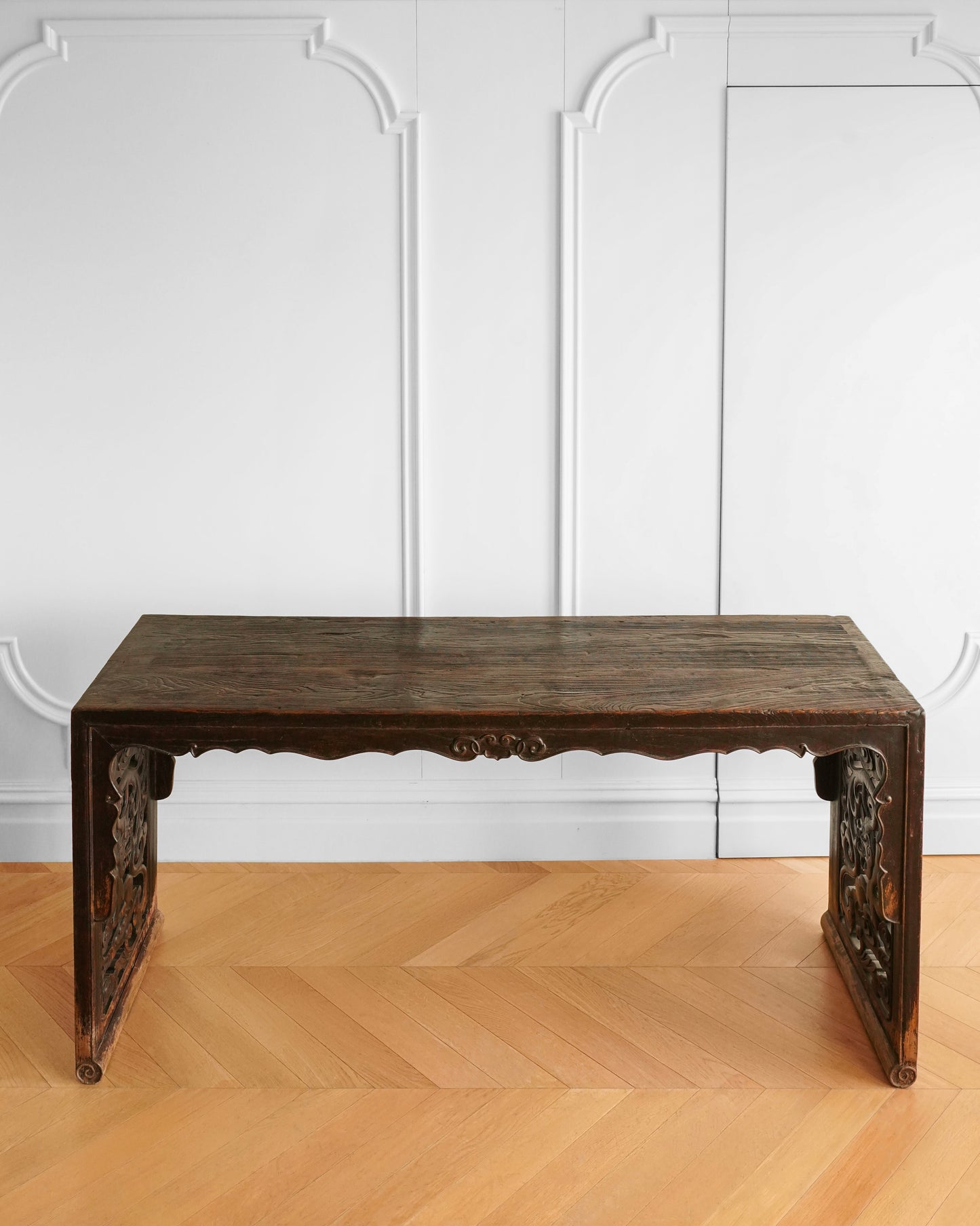 Chinese Elm Wood Console Table with Hand-Carved Qilin Panels