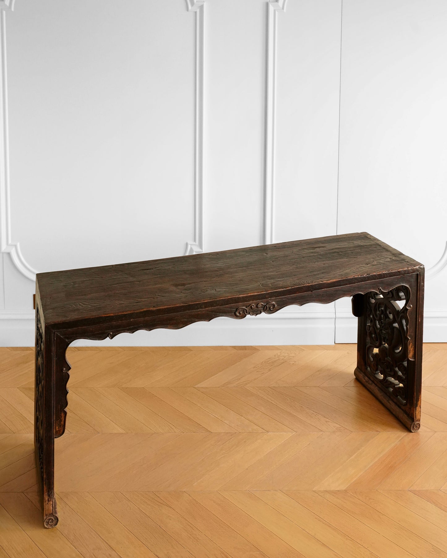 Chinese Elm Wood Console Table with Hand-Carved Qilin Panels