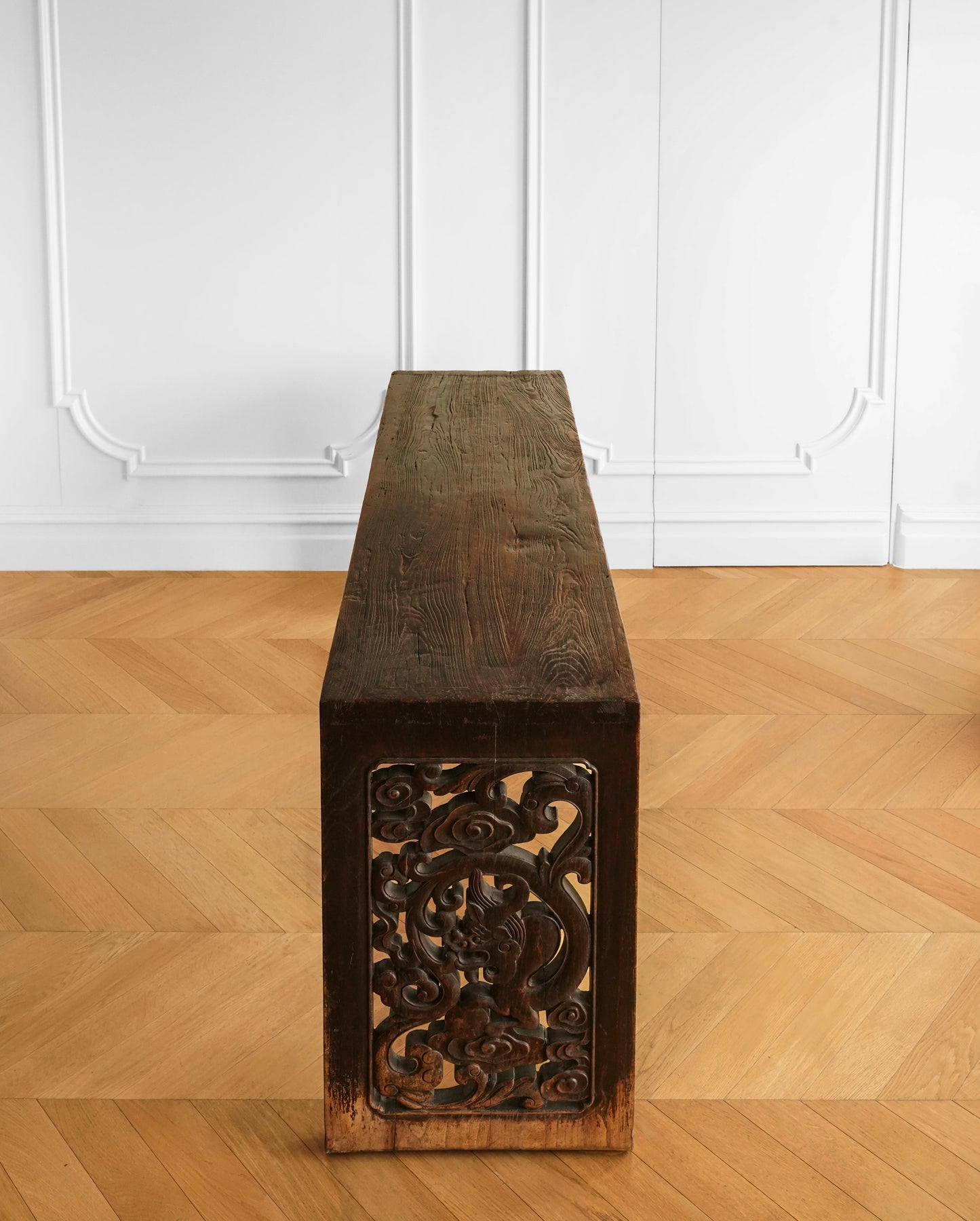 Chinese Elm Wood Console Table with Hand-Carved Qilin Panels