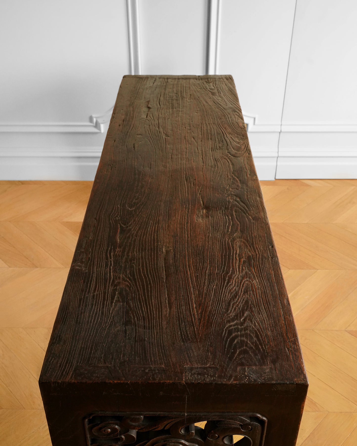 Chinese Elm Wood Console Table with Hand-Carved Qilin Panels