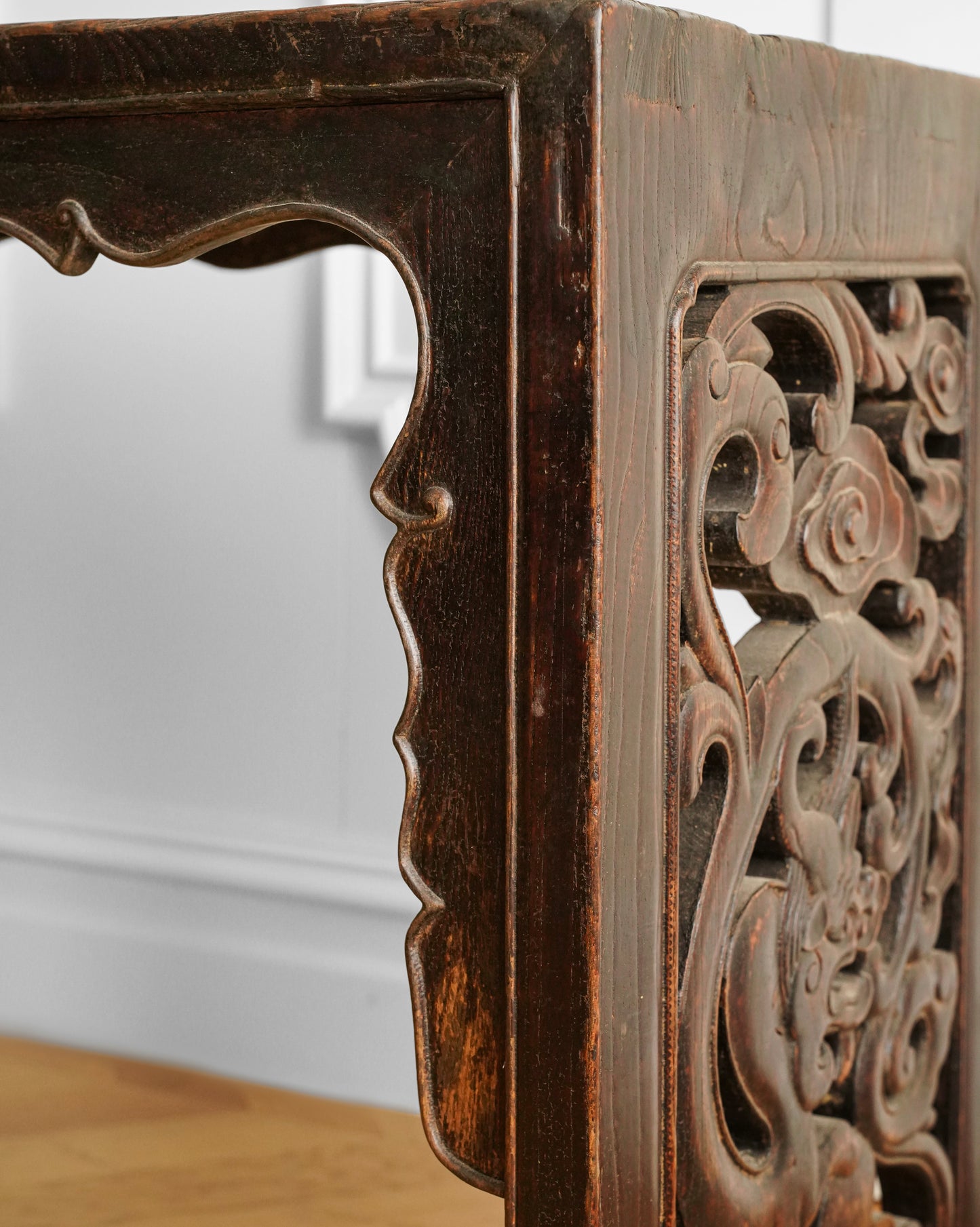 Chinese Elm Wood Console Table with Hand-Carved Qilin Panels