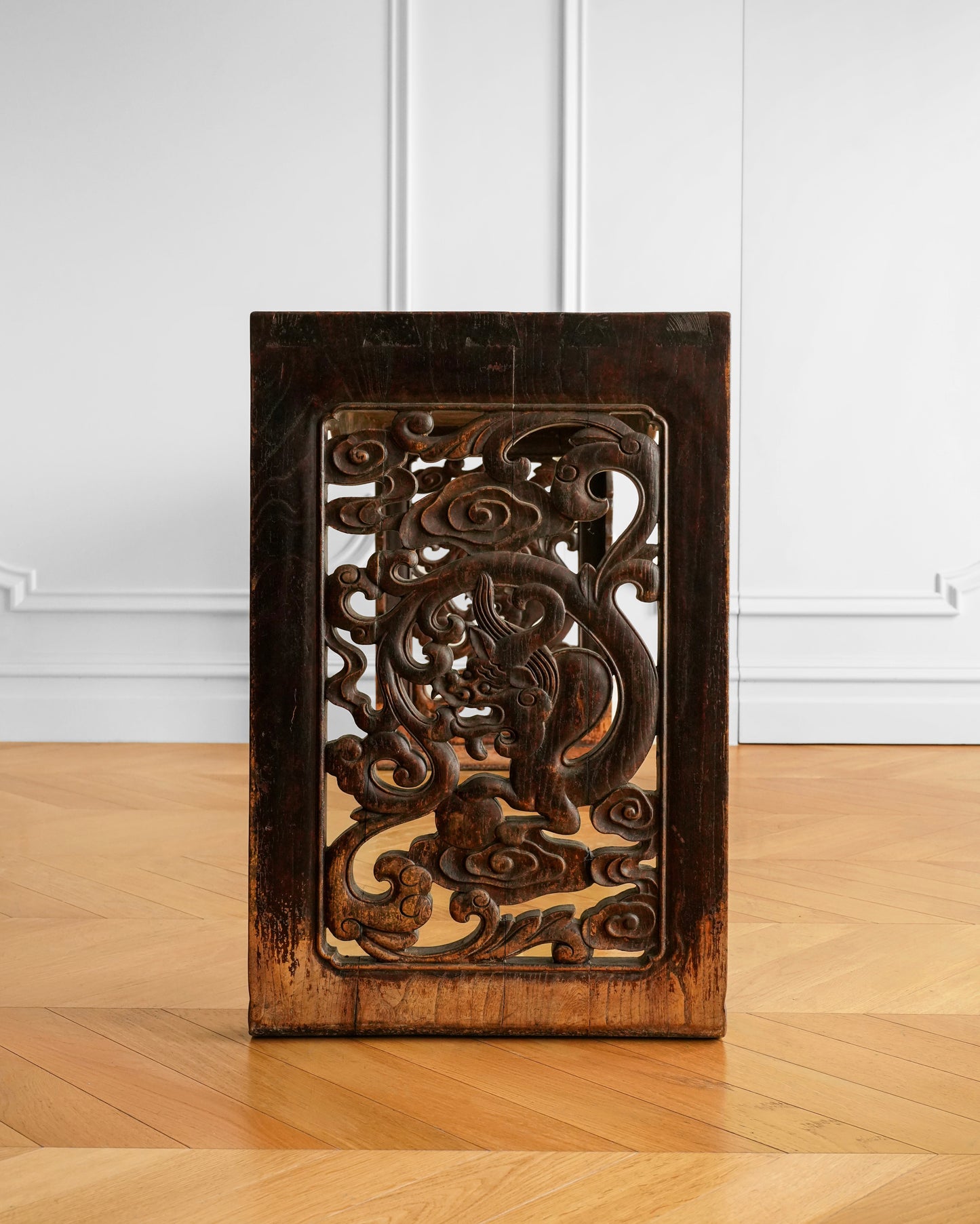 Chinese Elm Wood Console Table with Hand-Carved Qilin Panels