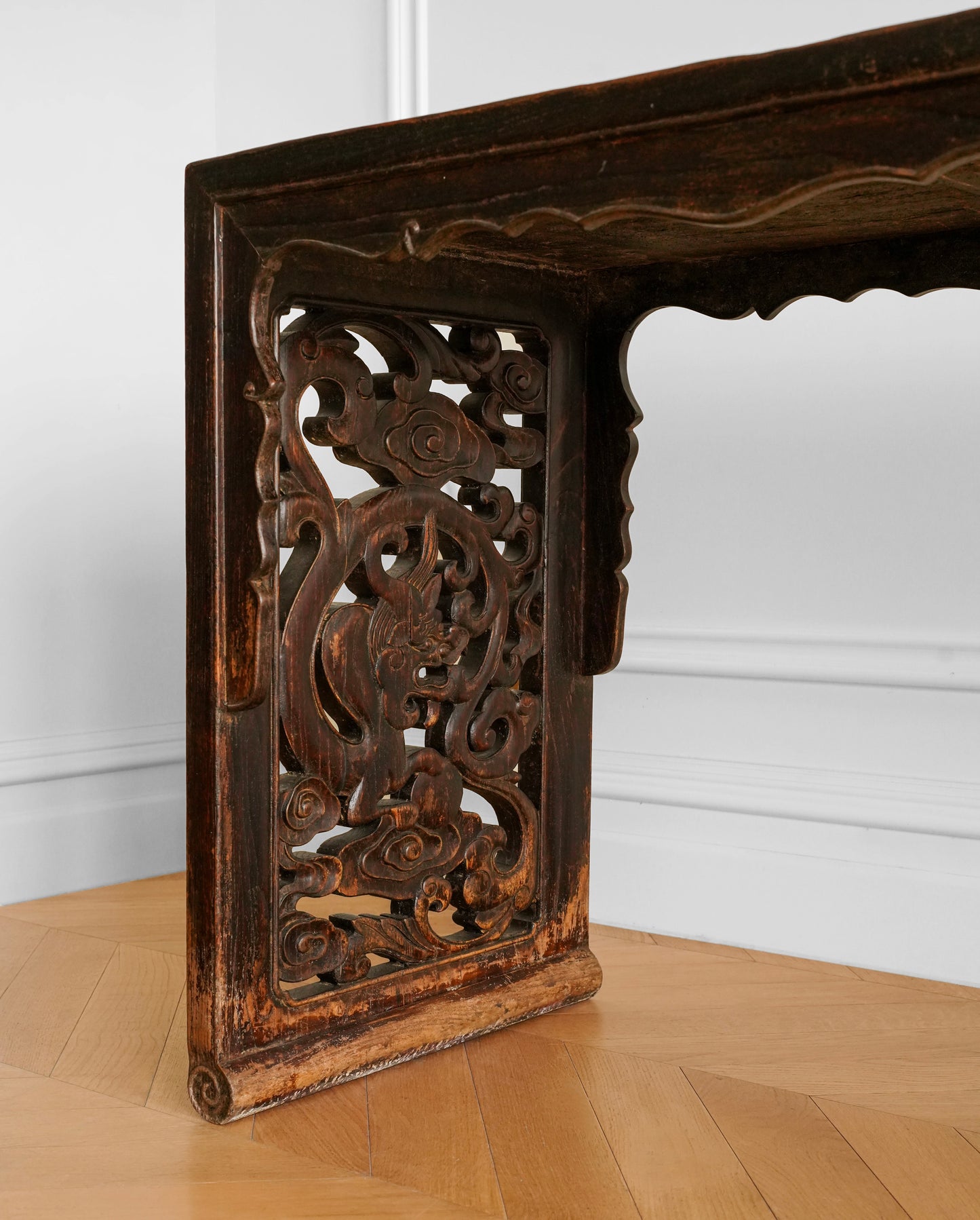 Chinese Elm Wood Console Table with Hand-Carved Qilin Panels