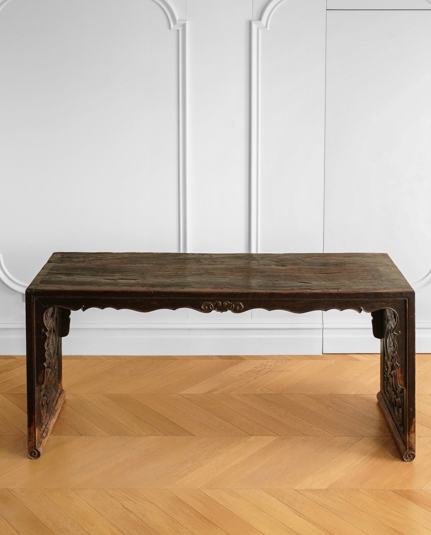 Chinese Elm Wood Console Table with Hand-Carved Qilin Panels
