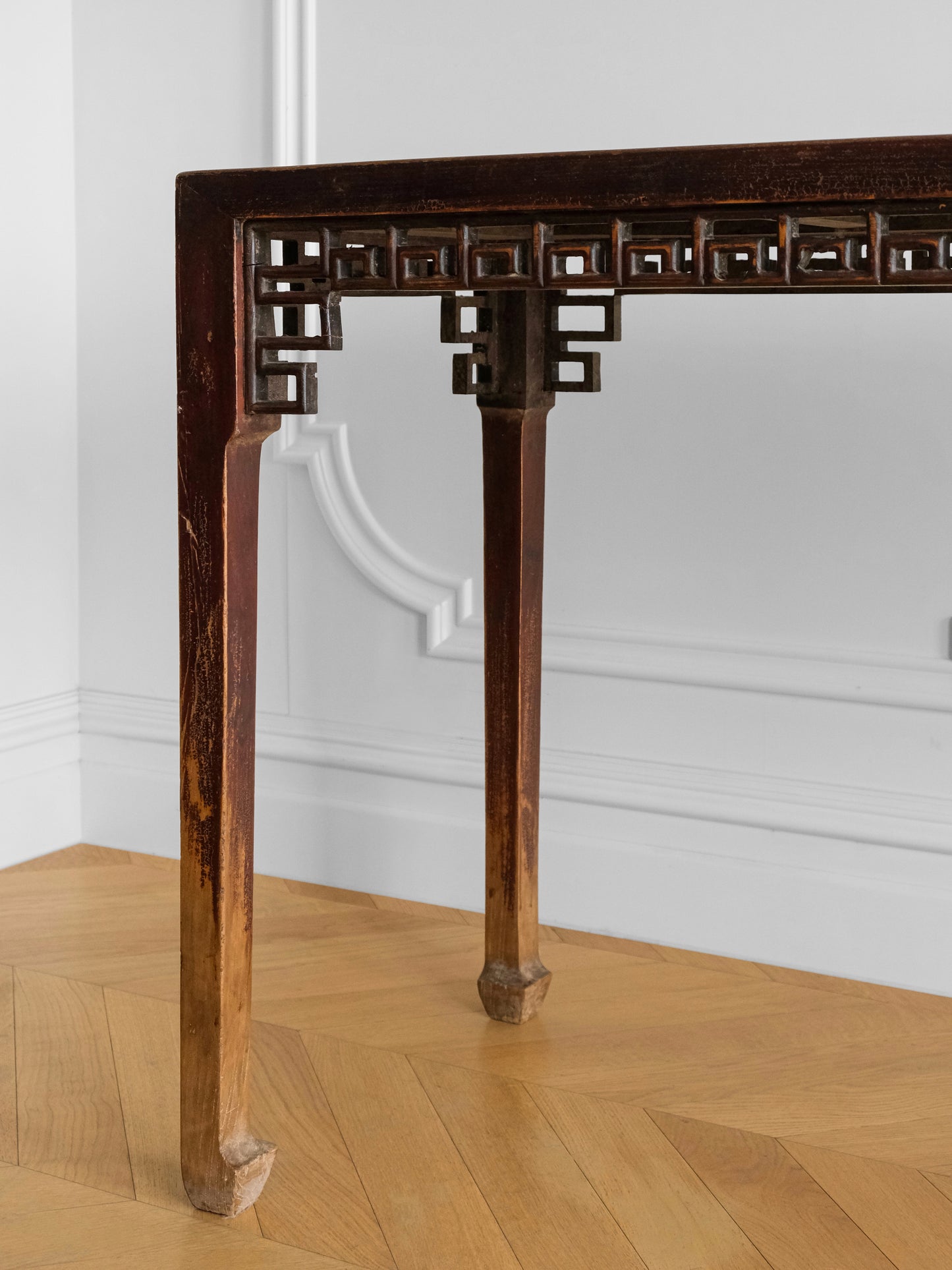 Chinese 20th Century Wood Console Table with Carved Key-Fret Apron