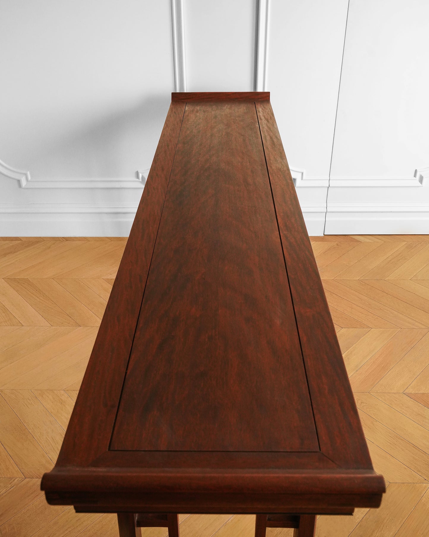 Chinese 20th Century Rosewood Console Table with Raised Ends and Square Motif Stretchers