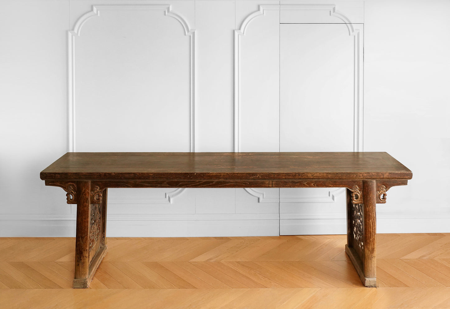 Chinese 20th Century Elm Carved Cloud Motif Console Table