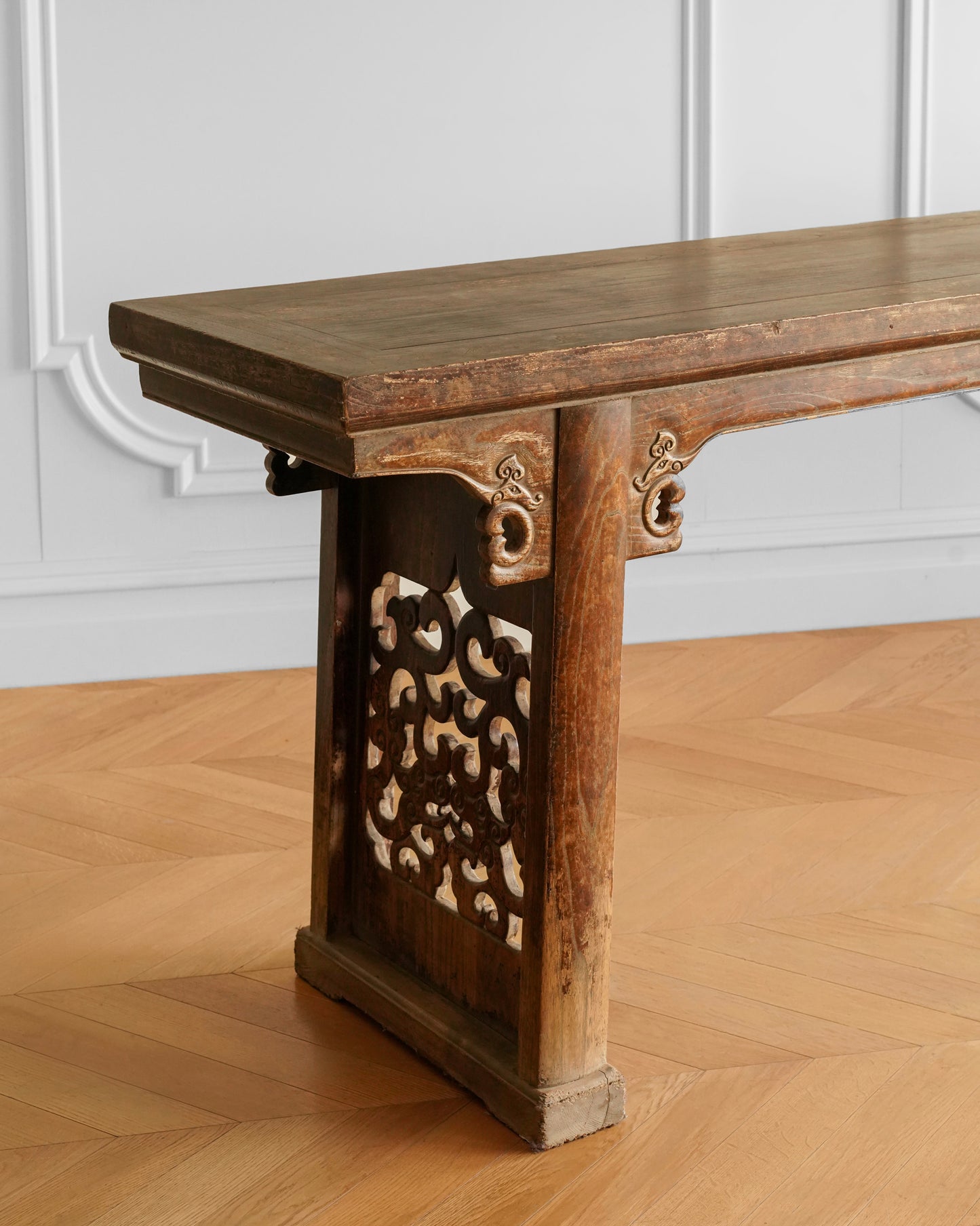 Chinese 20th Century Elm Carved Cloud Motif Console Table