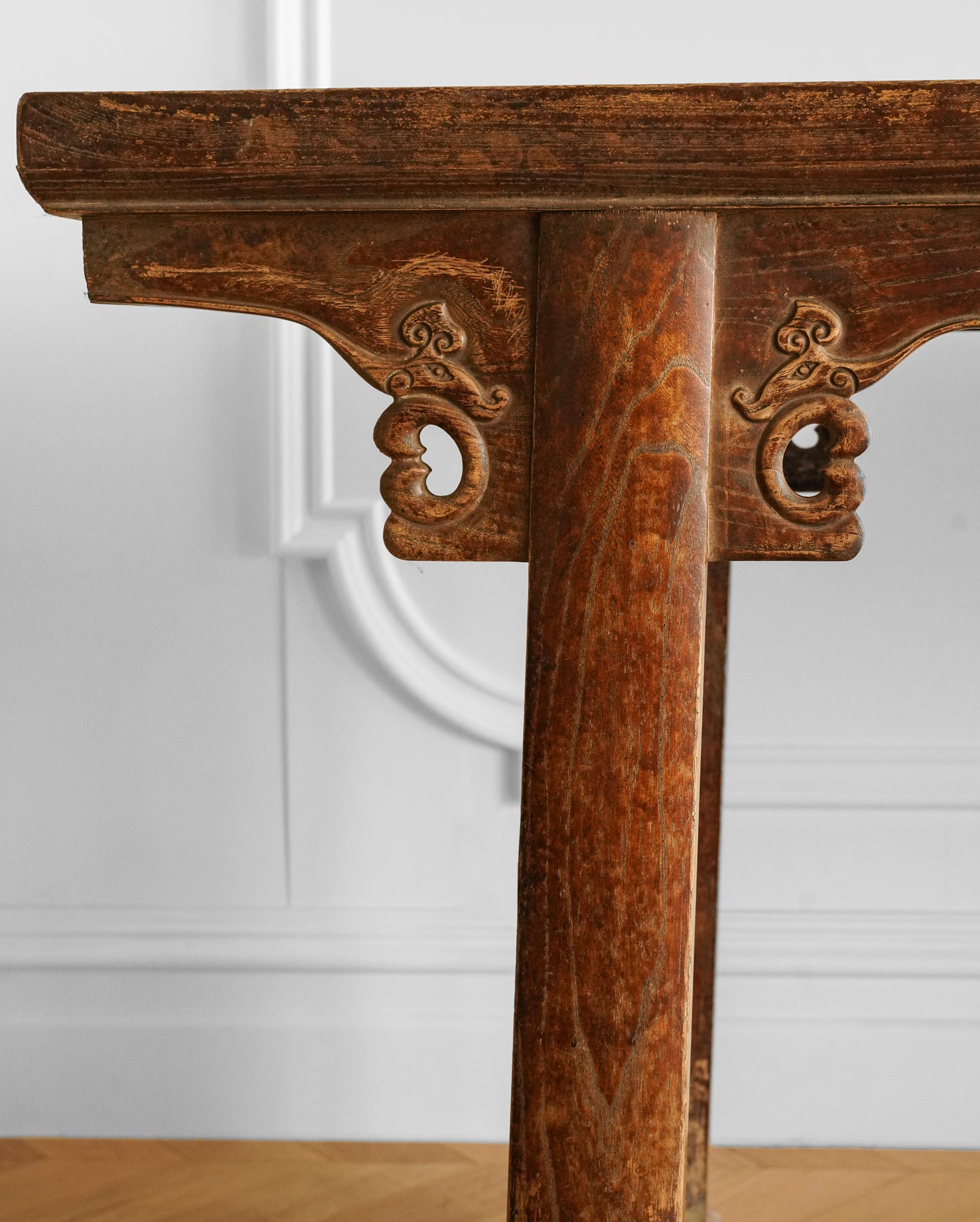 Chinese 20th Century Elm Carved Cloud Motif Console Table
