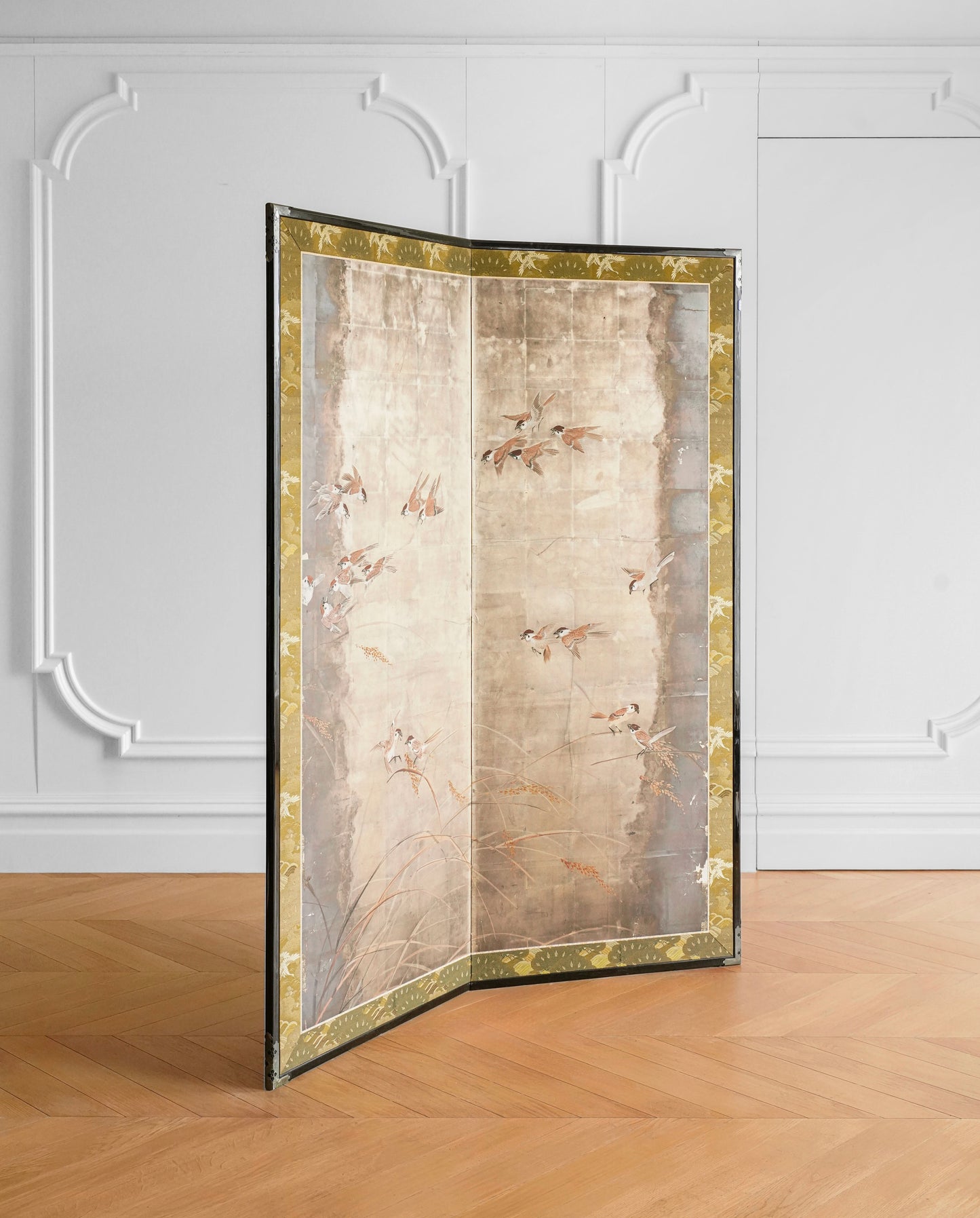 Japanese Edo Period Silver Foil Folding Screen with Sparrows in Rice Fields