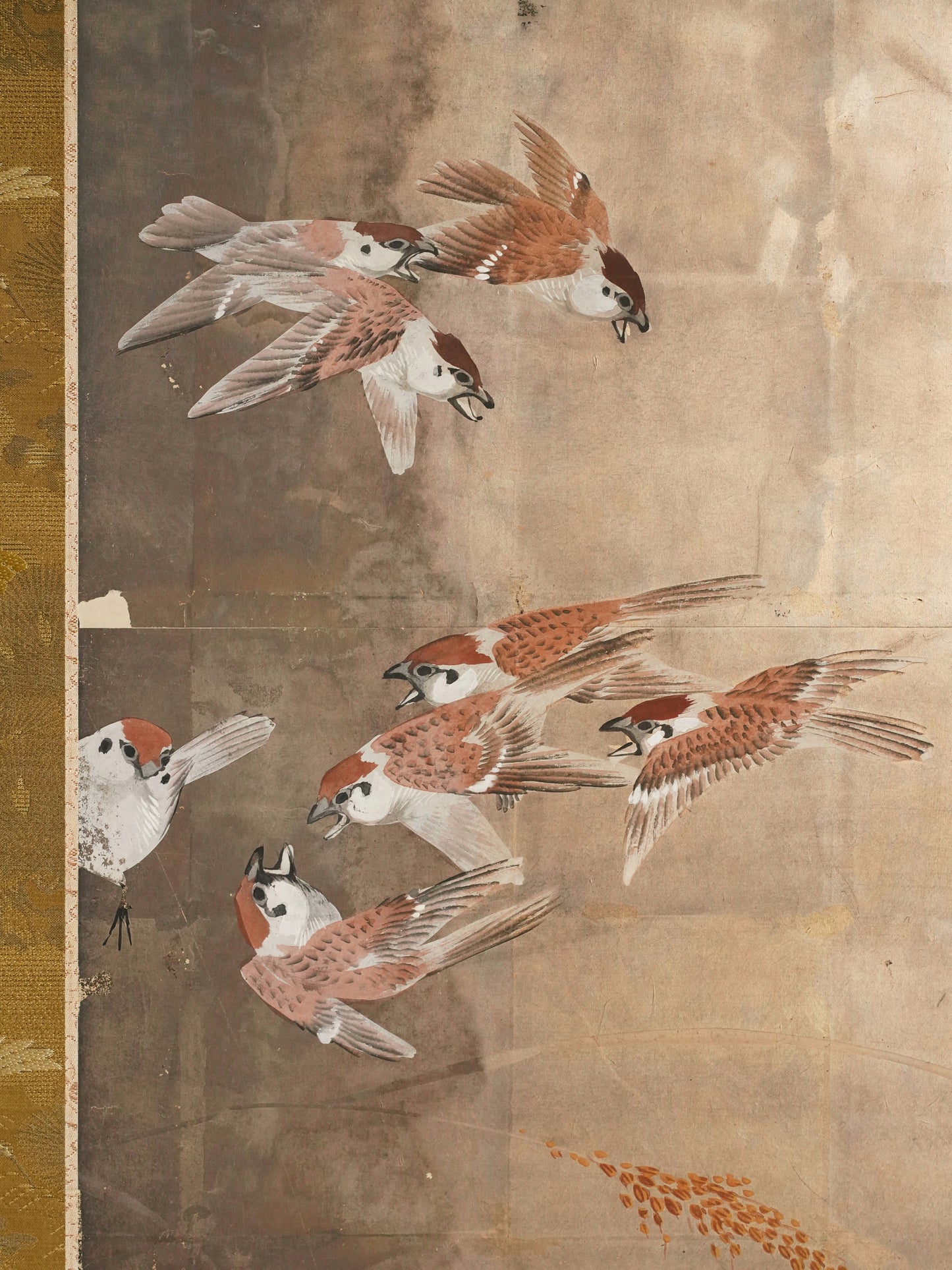 Japanese Edo Period Silver Foil Folding Screen with Sparrows in Rice Fields
