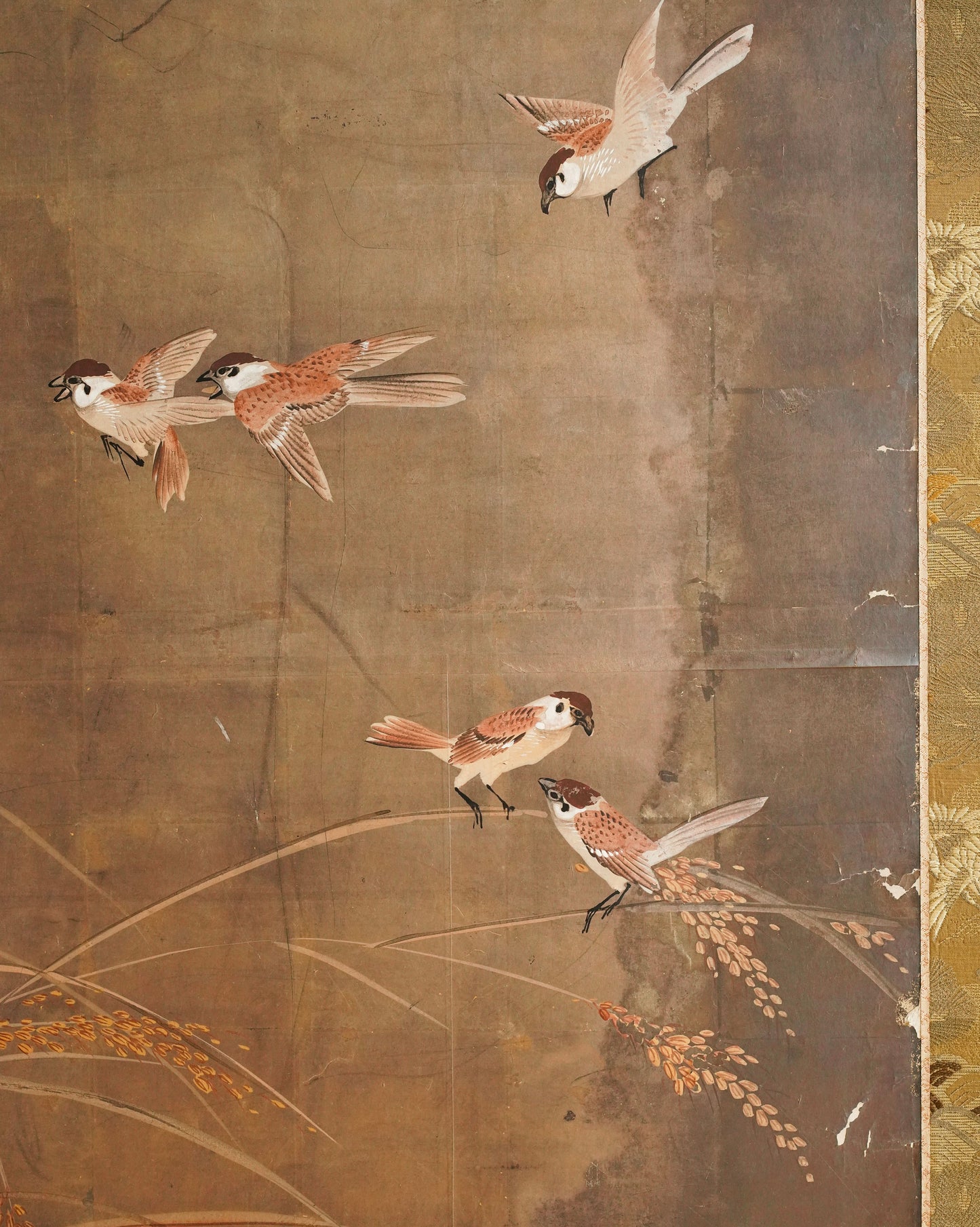 Japanese Edo Period Silver Foil Folding Screen with Sparrows in Rice Fields