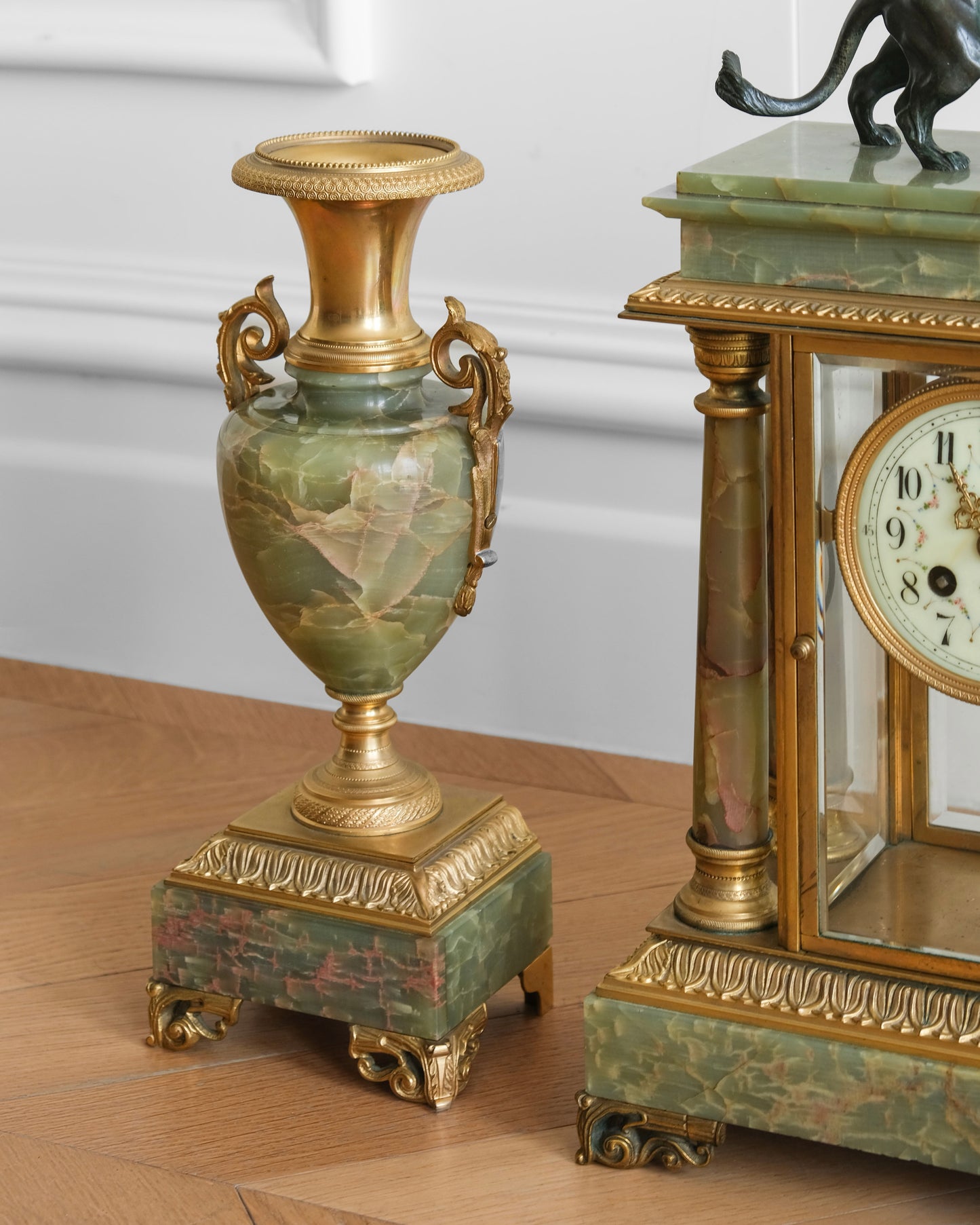 Gilded Agate and Bronze Lion Mantel Clock Set of Three