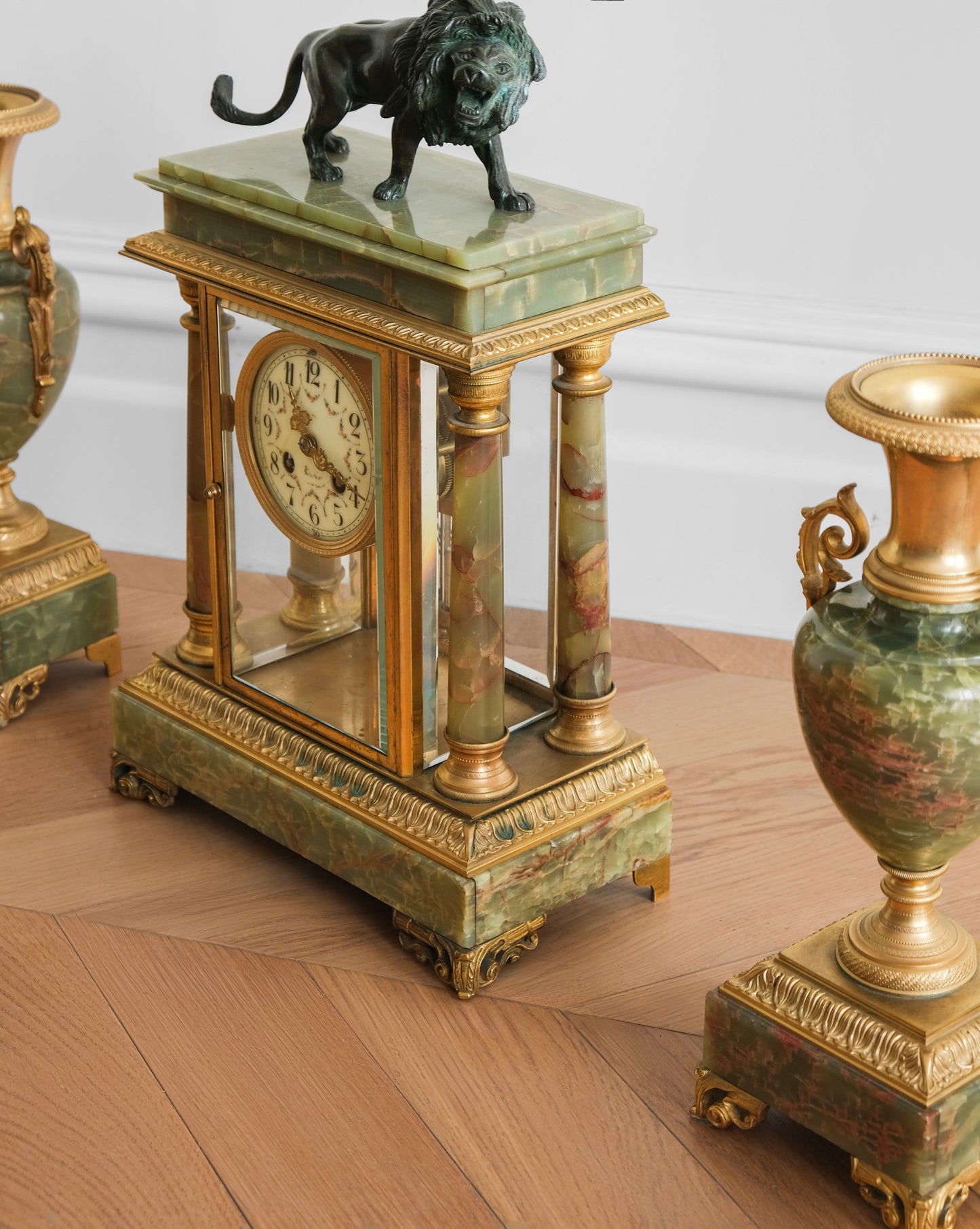 Gilded Agate and Bronze Lion Mantel Clock Set of Three