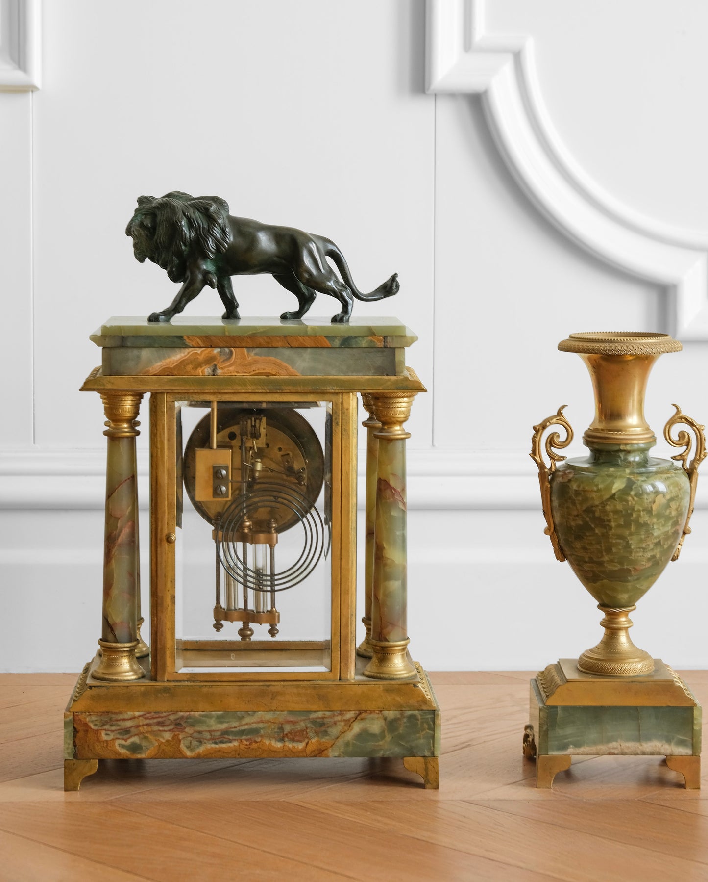 Gilded Agate and Bronze Lion Mantel Clock Set of Three